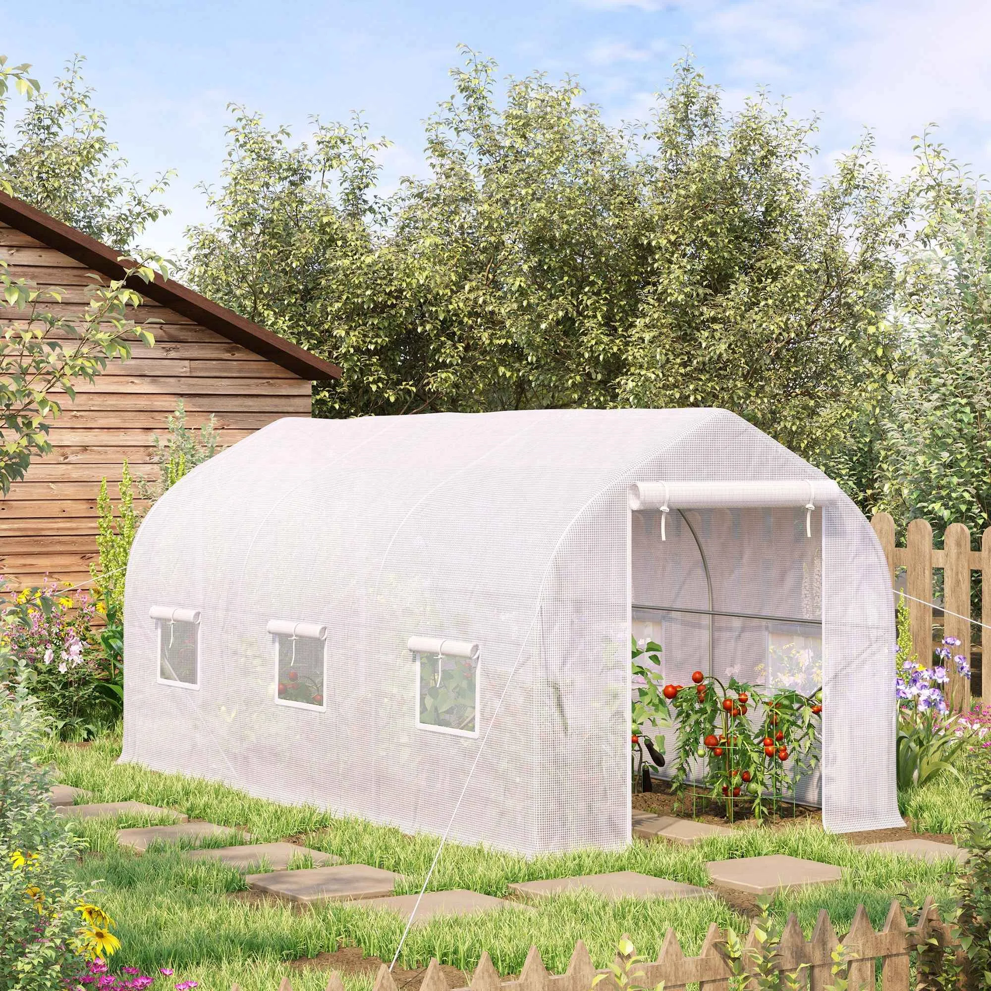 Outsunny UV-Proof Tunnel Greenhouse with 6 Mesh Windows and Roll-Up Entrance, Metal and PE, 4x2x2 m, White - Image 2