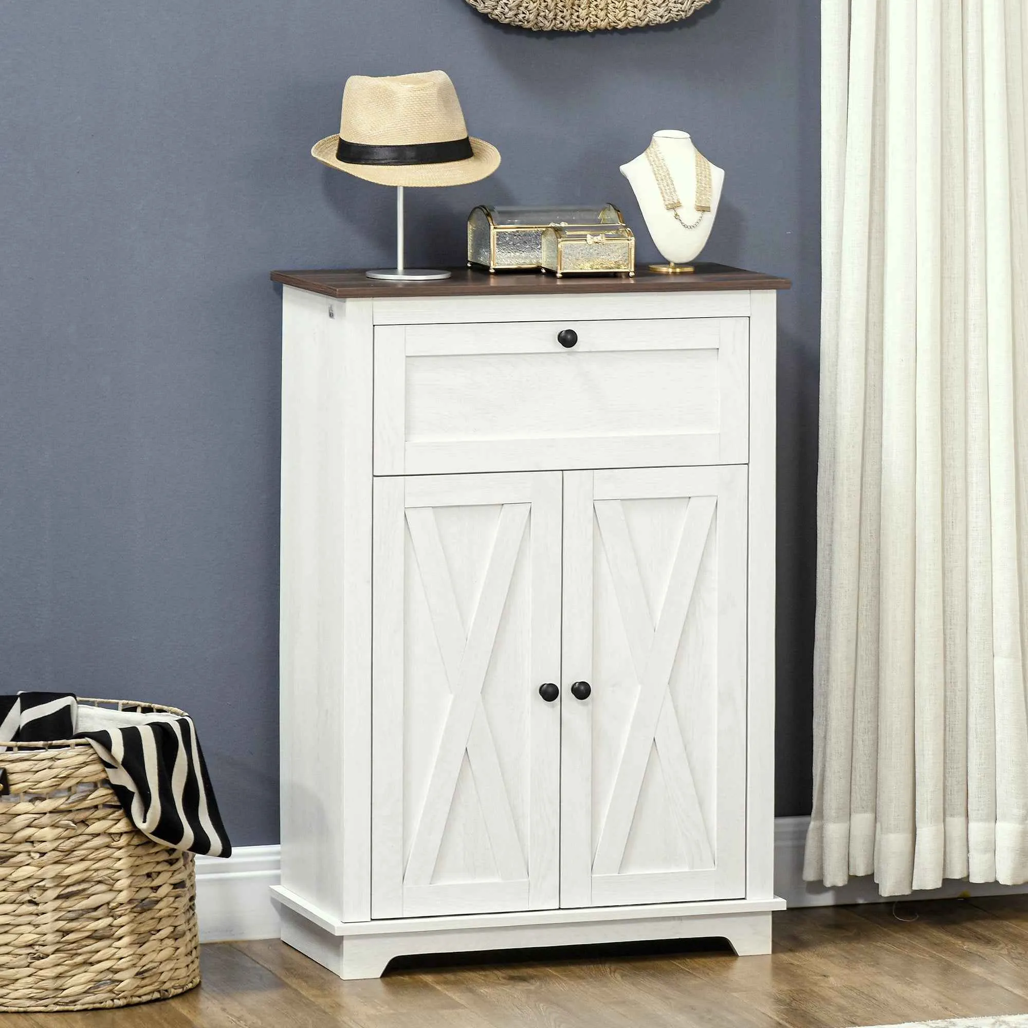 HOMCOM Rustic Style Kitchen Sideboard with Drawer and Adjustable Shelf, White - Image 2