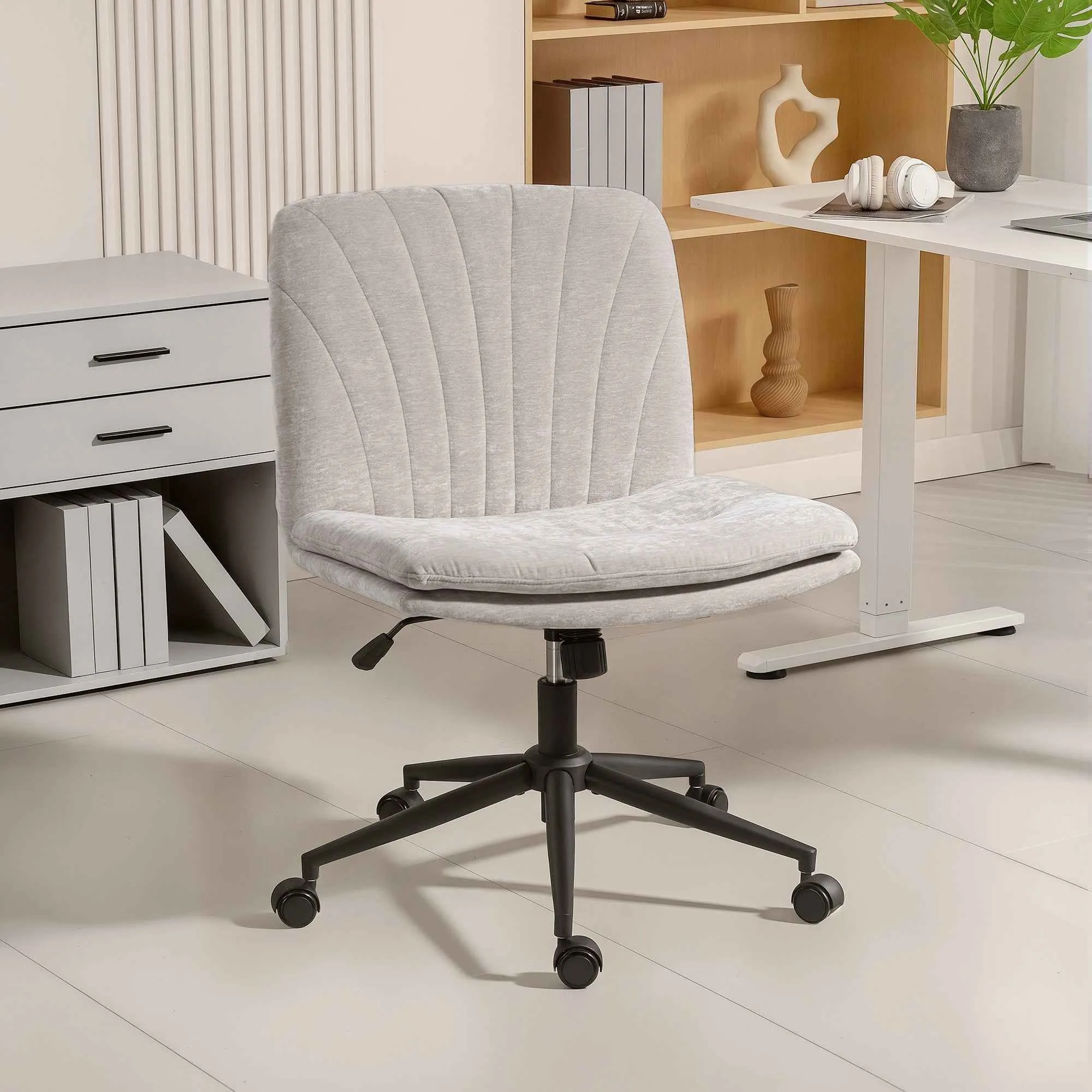 Adjustable Office Chair, Tilting and Swivel, Chenille Fabric and Steel, 62x67x83-93 cm, Beige - Image 2