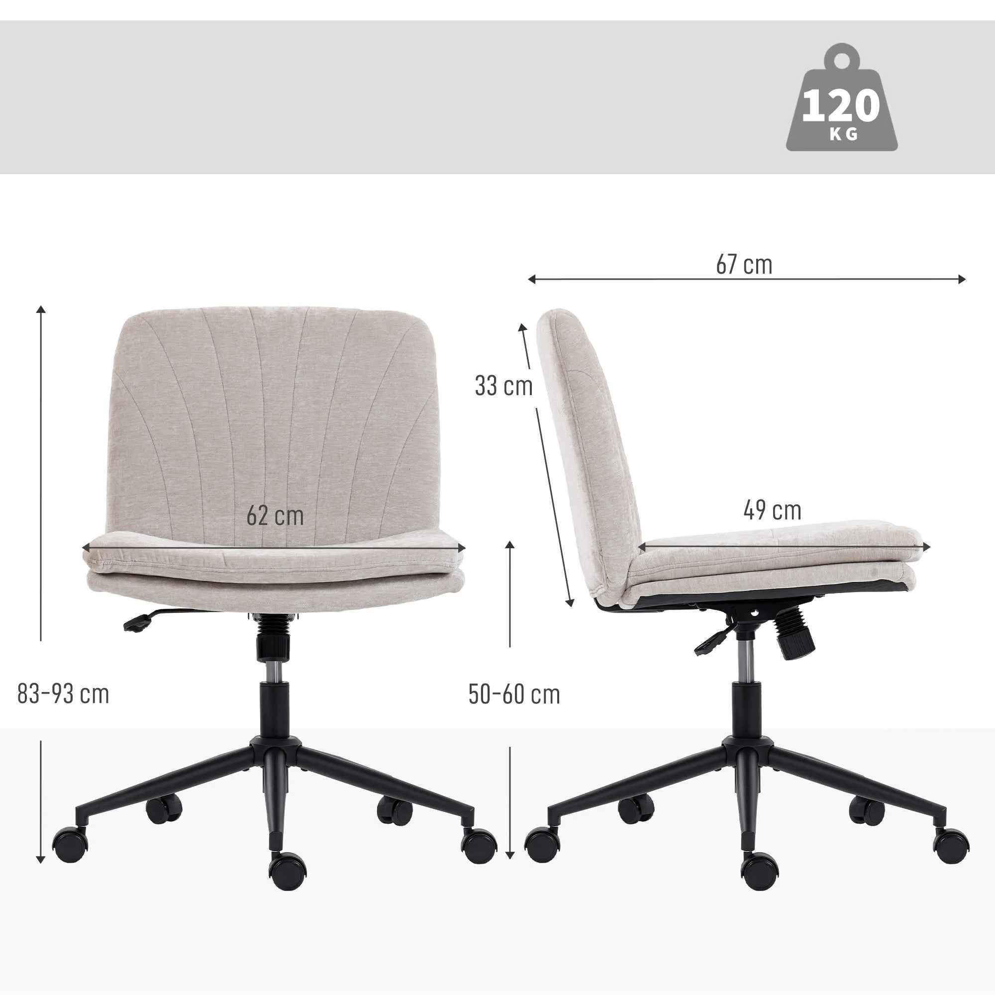 Adjustable Office Chair, Tilting and Swivel, Chenille Fabric and Steel, 62x67x83-93 cm, Beige - Image 3