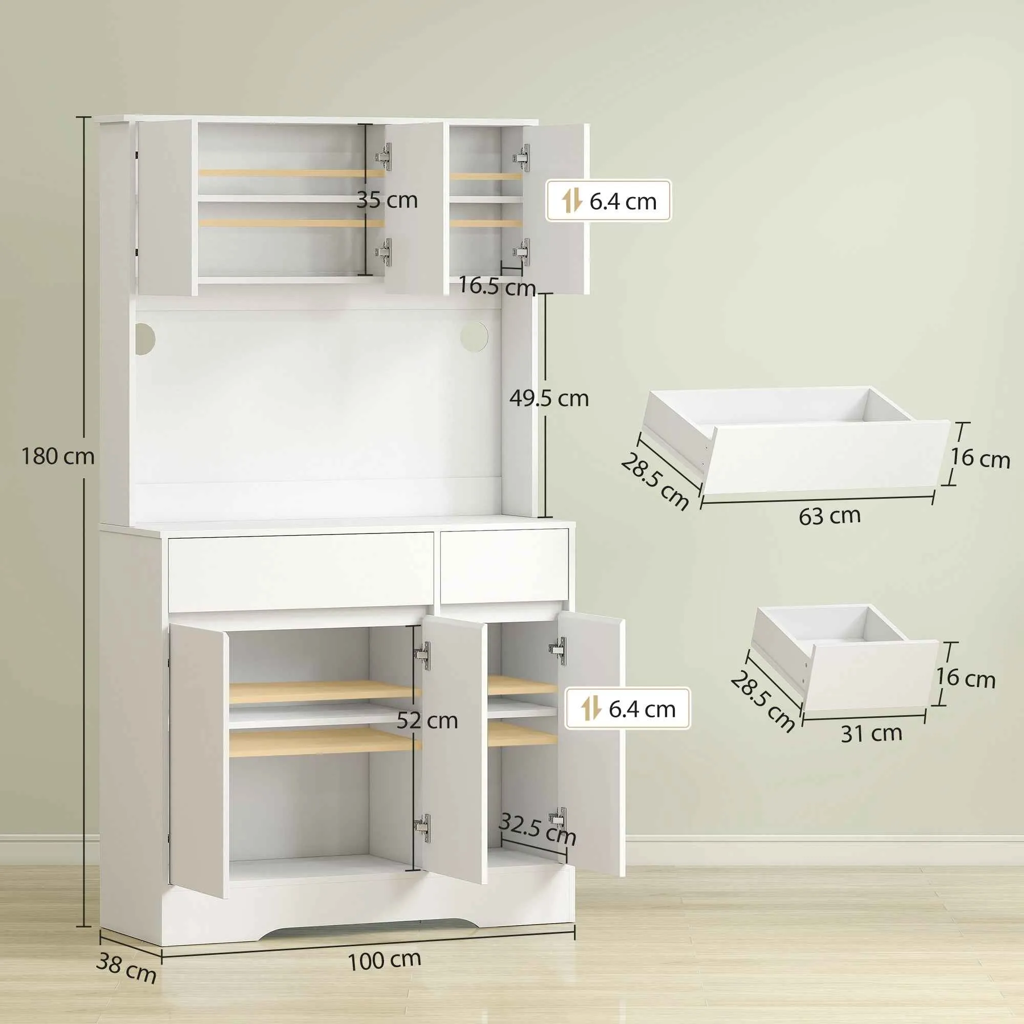 HOMCOM Modern Kitchen Sideboard with 4 Cabinets, 2 Drawers and Adjustable Shelves, 100x38x180 cm, White - Image 3