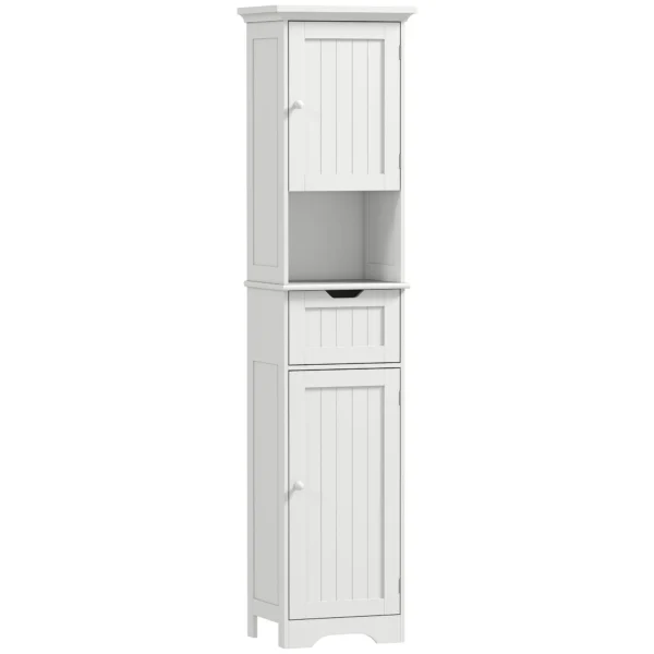HOMCOM Wooden Bathroom Cabinet with 2 Sensor Cabinets, Open Shelf and Drawer, 40x30x170 cm, White