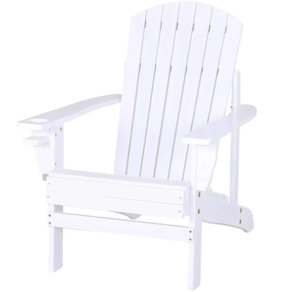 Outsunny White Wood Adirondack Garden Chair with Cup Holder, Waterproof and Mildew-Proof, 97x72.5x93cm