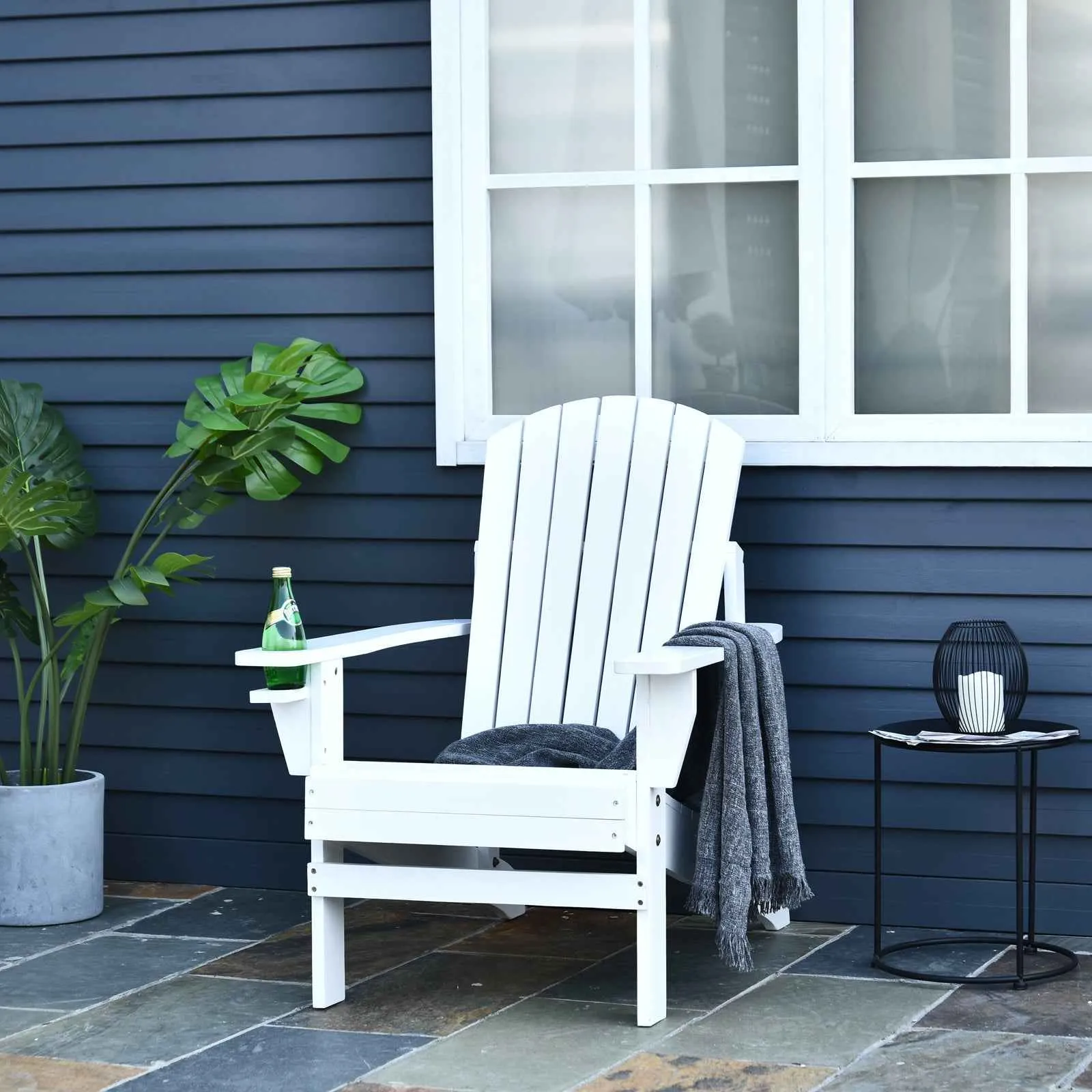 Outsunny White Wood Adirondack Garden Chair with Cup Holder, Waterproof and Mildew-Proof, 97x72.5x93cm - Image 2