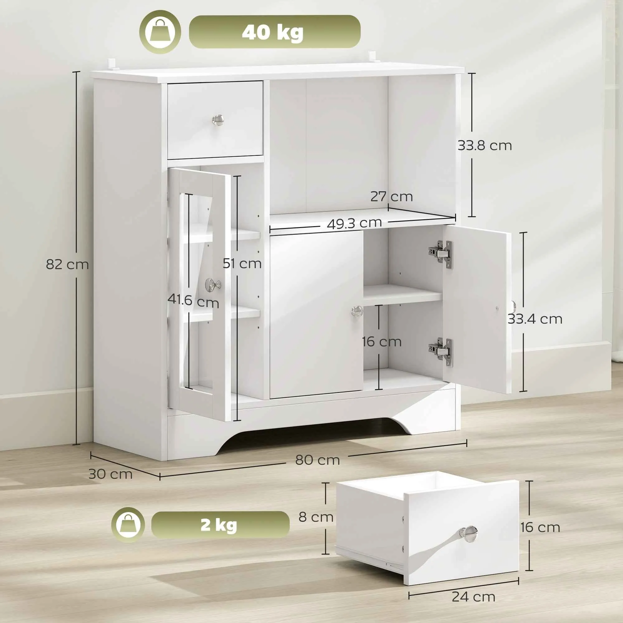HOMCOM Sideboard Buffet with Open Compartment, Drawer, 3 Shelves and 2-Door Cabinet, Wooden, 80x30x82 cm, White - Image 3