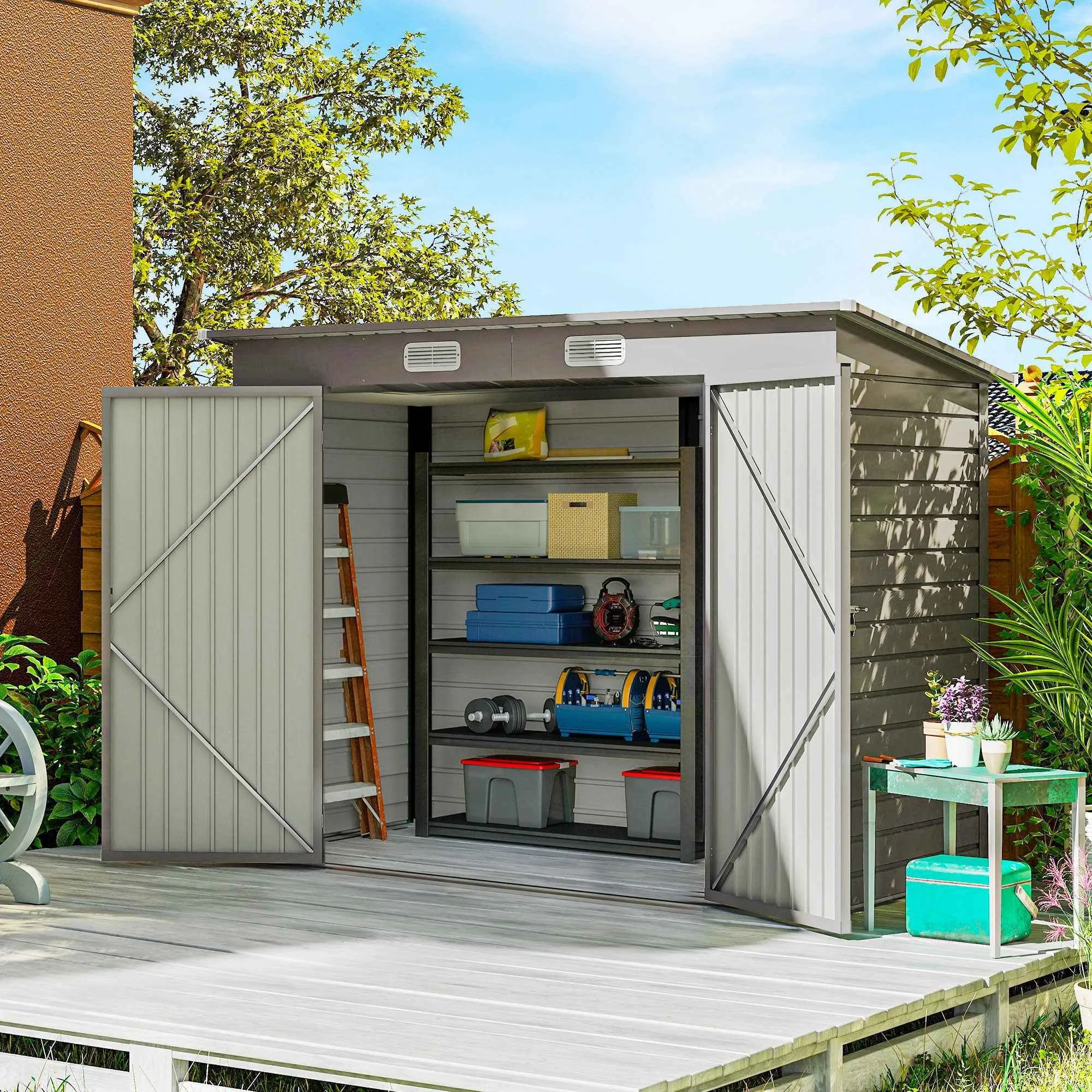 Steel Tool Shed with 2 Vents and Latch, 249x121x183 cm, Light Grey - Image 2