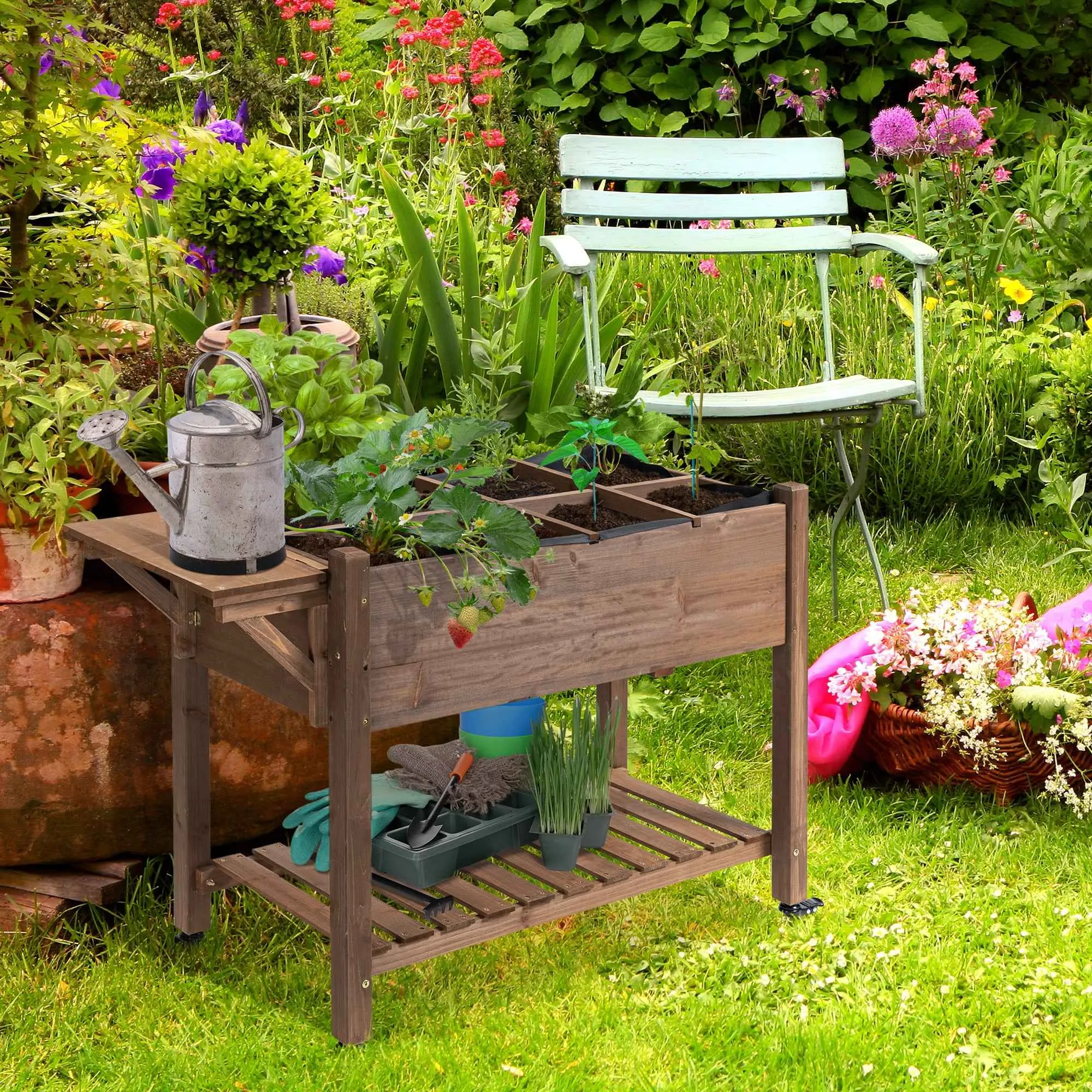 Outsunny 8-Pot Outdoor Planter with Side and Bottom Shelf, Fir Wood, 123x54x87 cm - Image 2