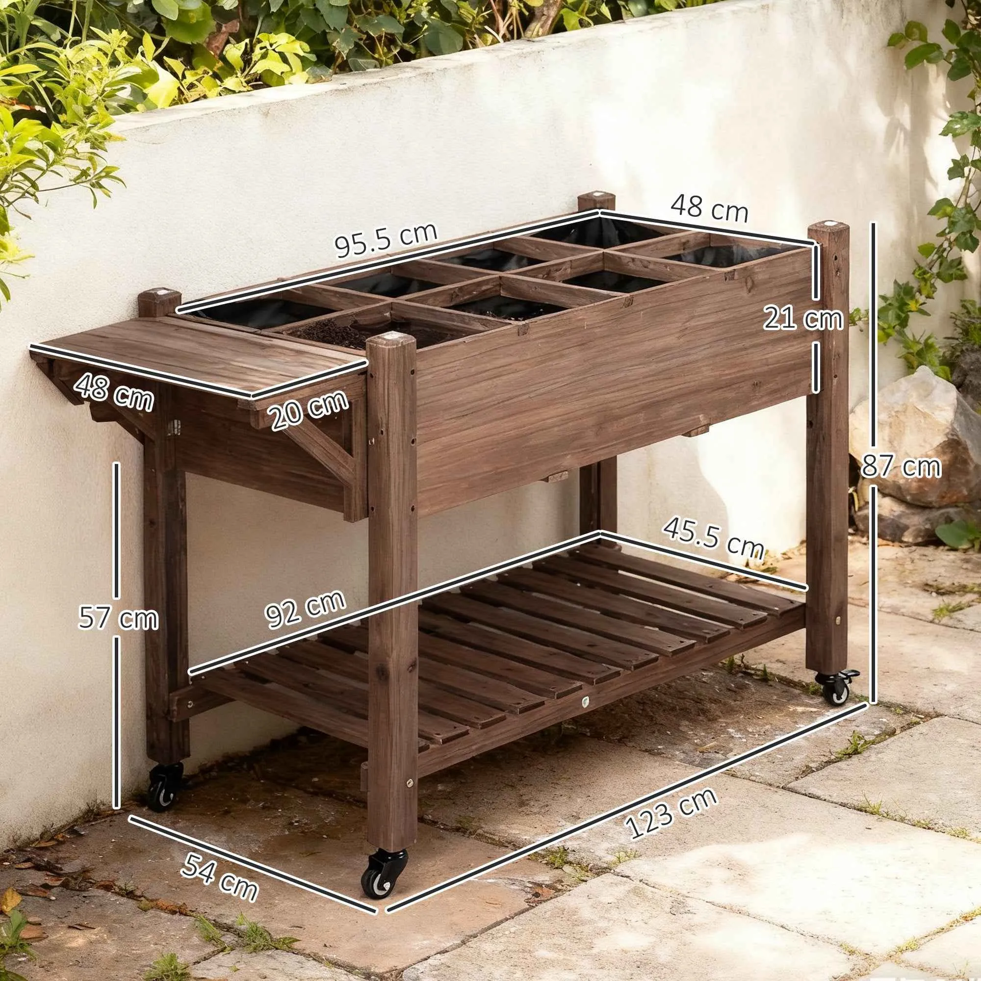 Outsunny 8-Pot Outdoor Planter with Side and Bottom Shelf, Fir Wood, 123x54x87 cm - Image 3
