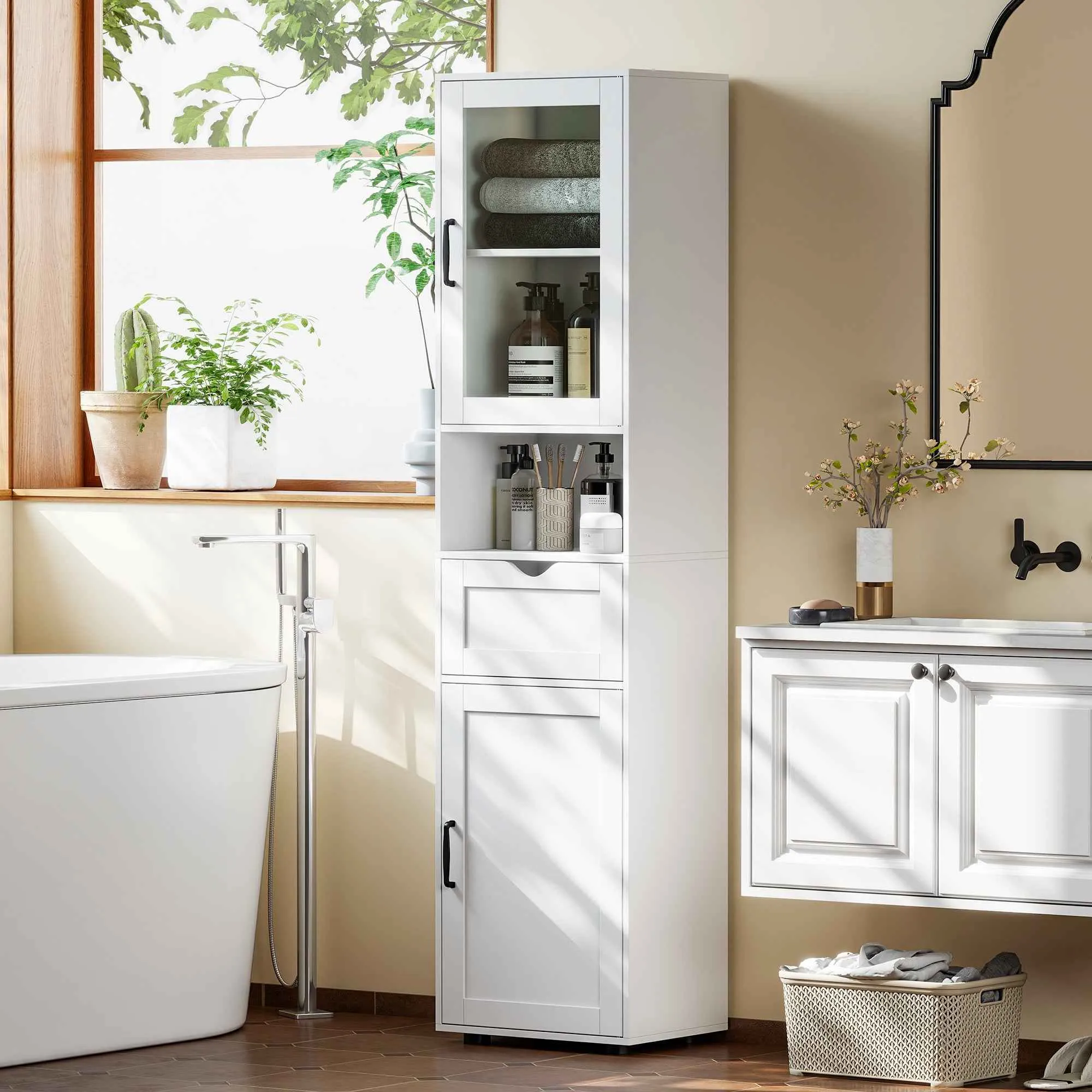 HOMCOM Wooden Bathroom Column with 2 Cabinets, Drawer and Open Shelf, 40x30x165 cm, White - Image 2