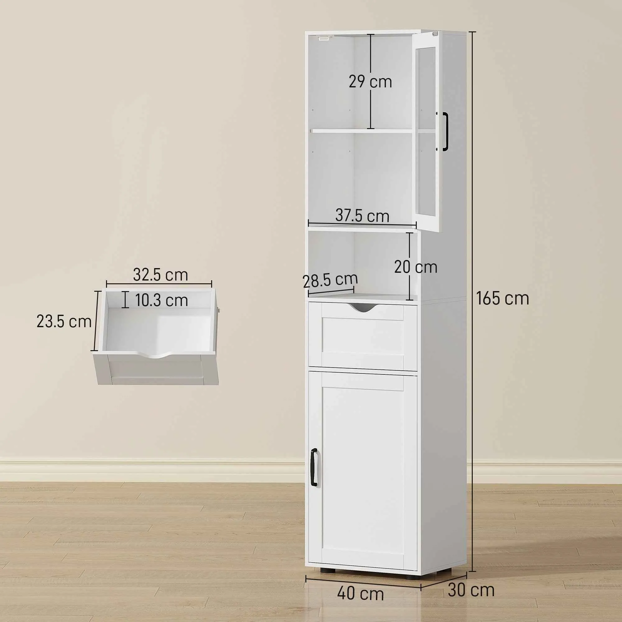 HOMCOM Wooden Bathroom Column with 2 Cabinets, Drawer and Open Shelf, 40x30x165 cm, White - Image 3