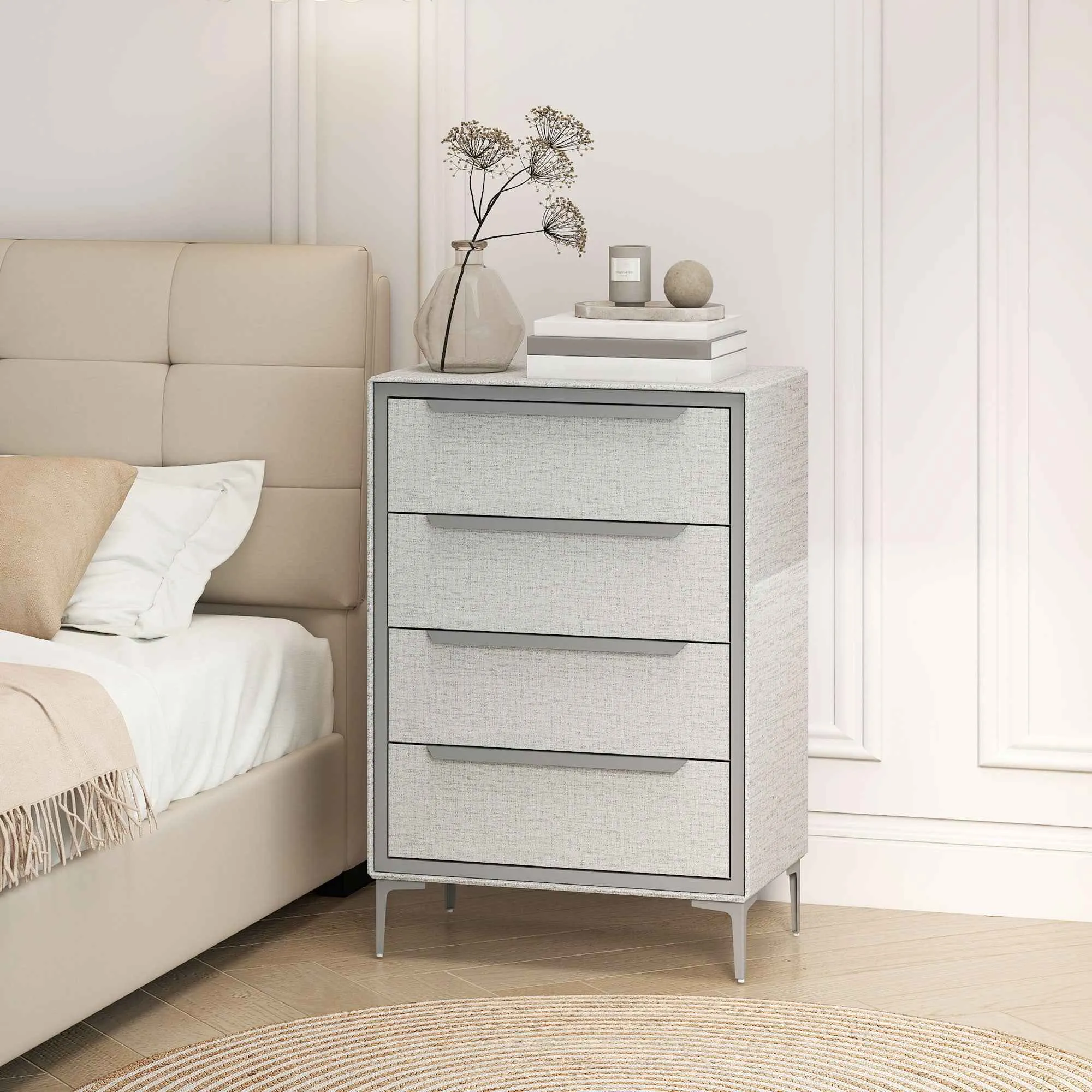 4-Drawer Steel Chest of Drawers with Linen-Effect Fabric Covering, 60x36x88 cm, Grey - Image 2