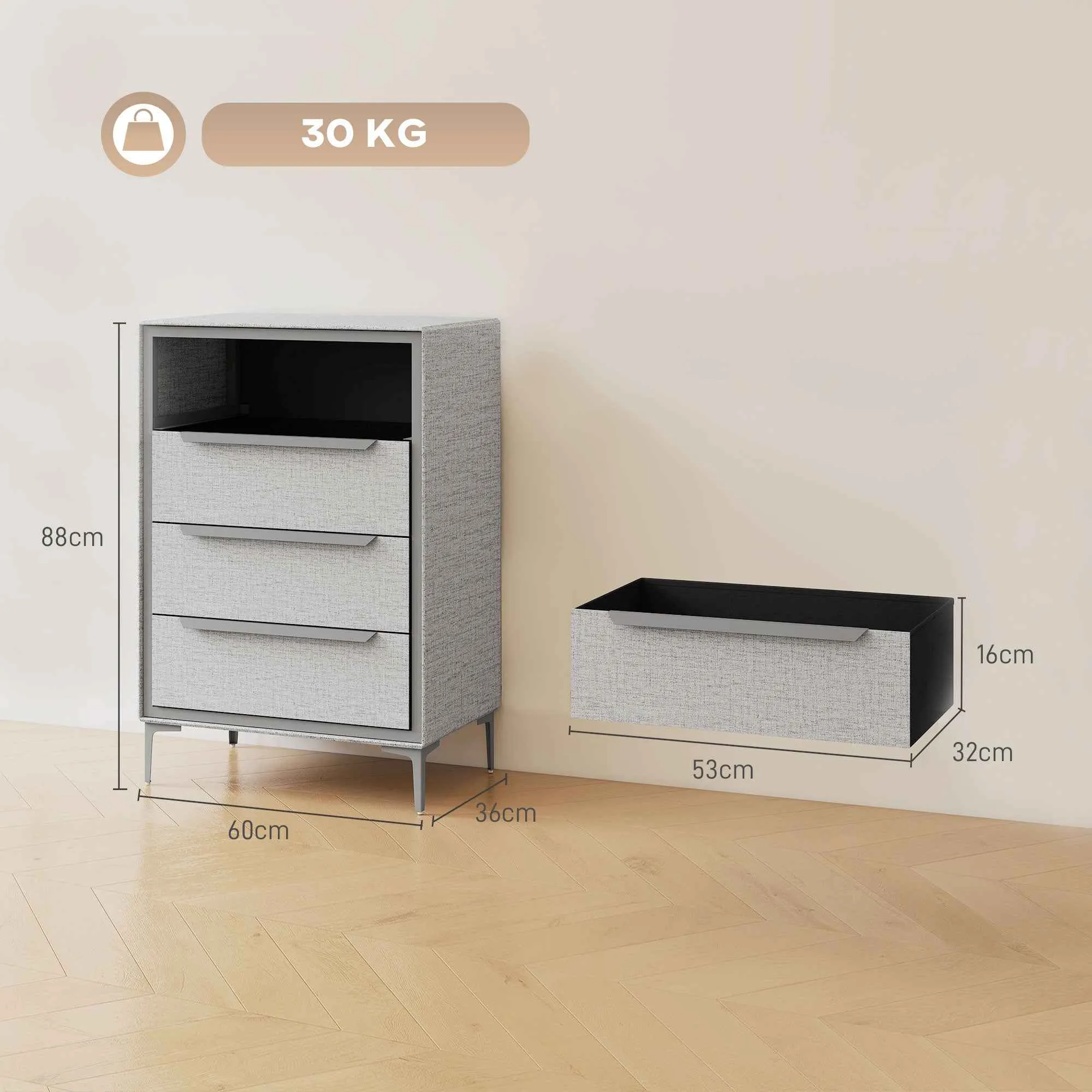 4-Drawer Steel Chest of Drawers with Linen-Effect Fabric Covering, 60x36x88 cm, Grey - Image 3