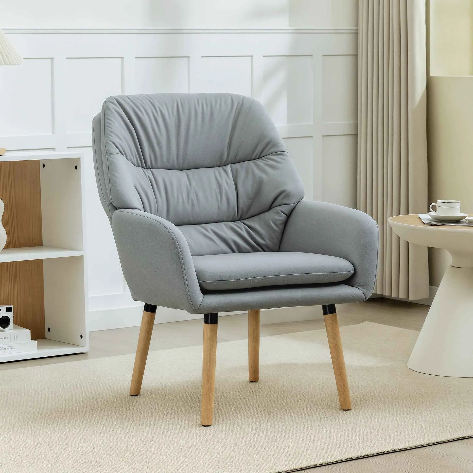 Modern High-Backed Bedroom Armchair with Double Padded Seat in Leather Effect Fabric, Grey - Image 2