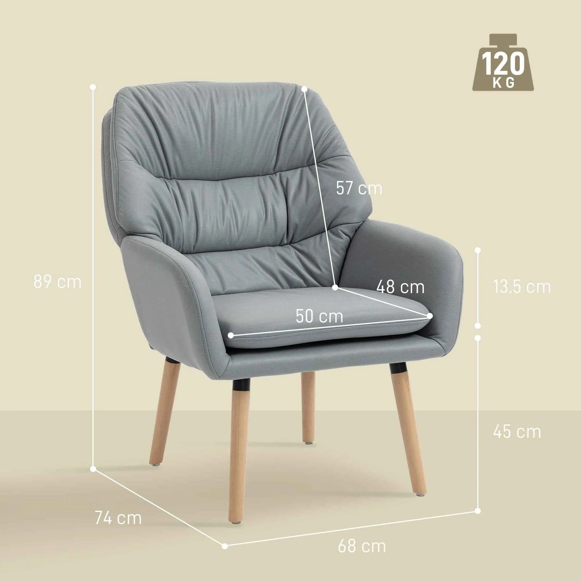 Modern High-Backed Bedroom Armchair with Double Padded Seat in Leather Effect Fabric, Grey - Image 3