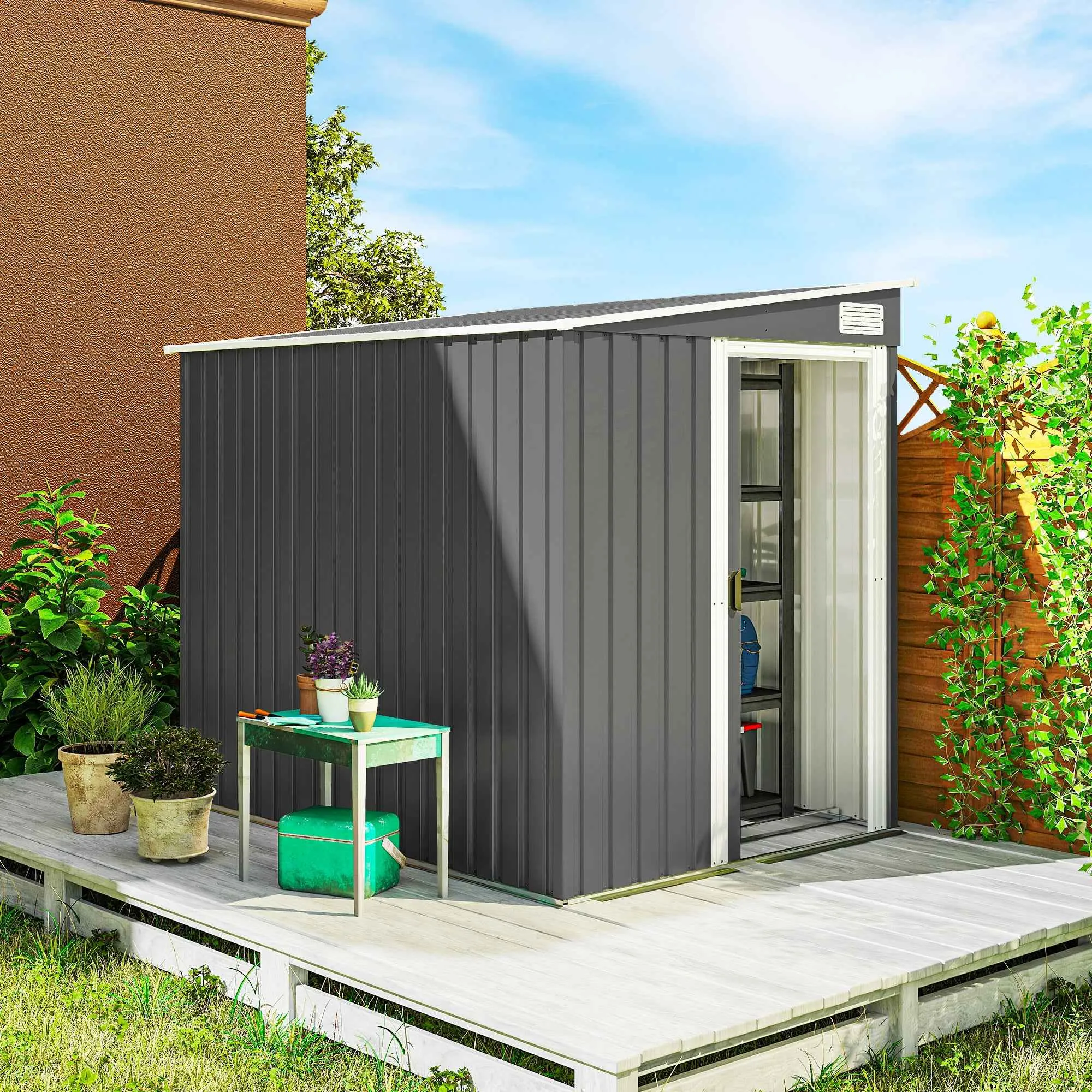 1.5x2m Metal Tool Shed with Base, Sliding Door and Sloped Roof, Dark Grey - Image 2