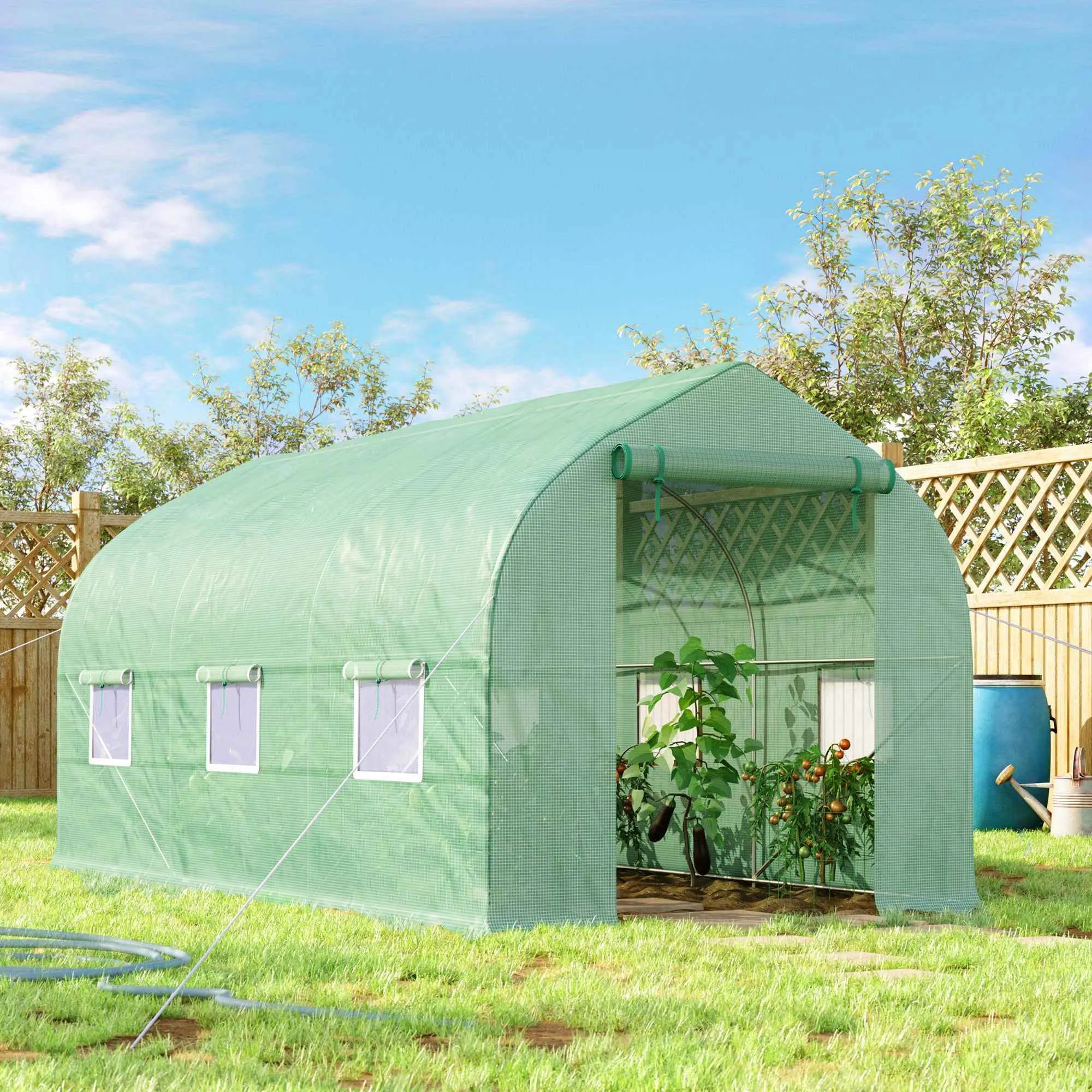 Outsunny UV-Proof Tunnel Greenhouse with 6 Mesh Windows and Roll-Up Entrance, Metal and PE, 4x2x2 m, Green - Image 2