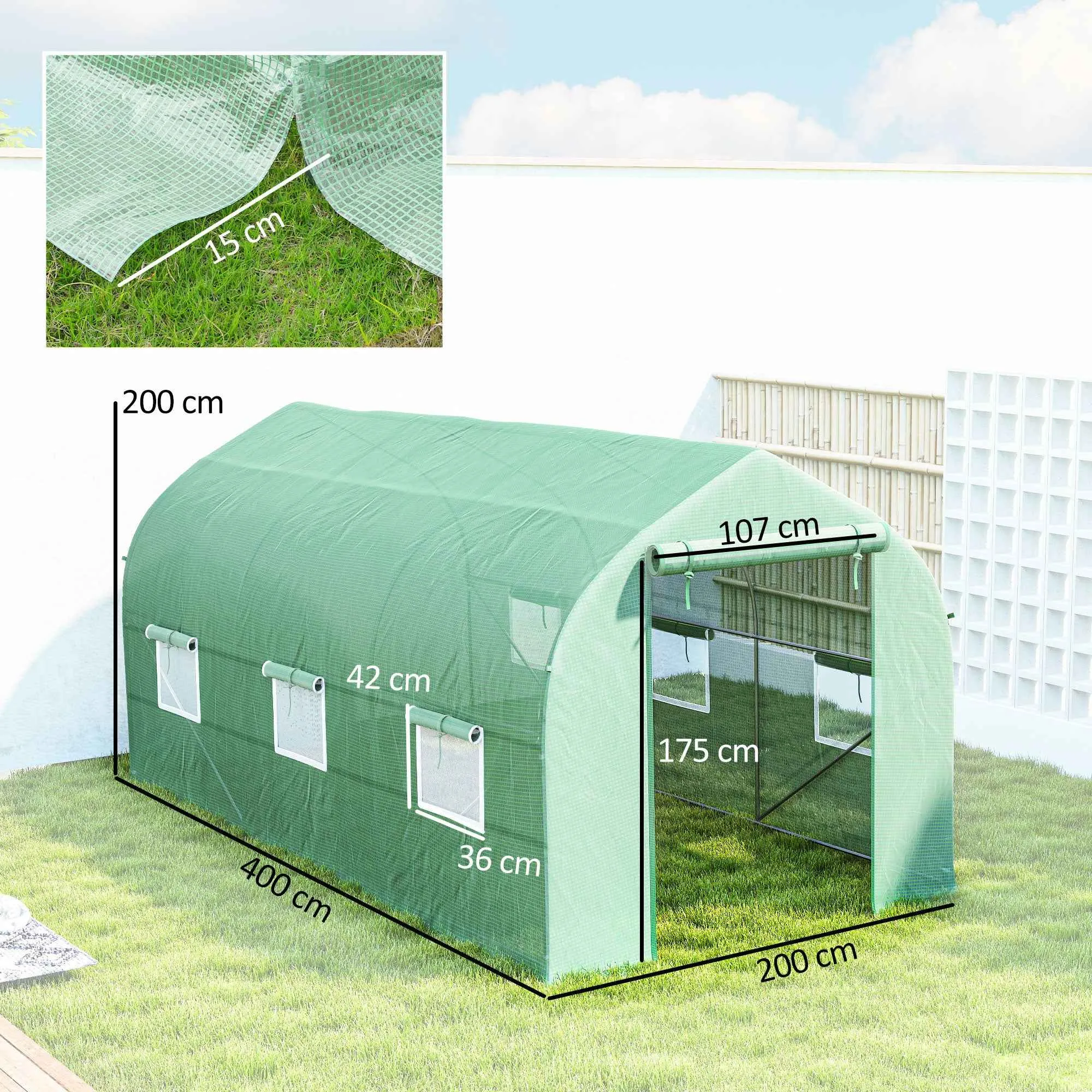 Outsunny UV-Proof Tunnel Greenhouse with 6 Mesh Windows and Roll-Up Entrance, Metal and PE, 4x2x2 m, Green - Image 3