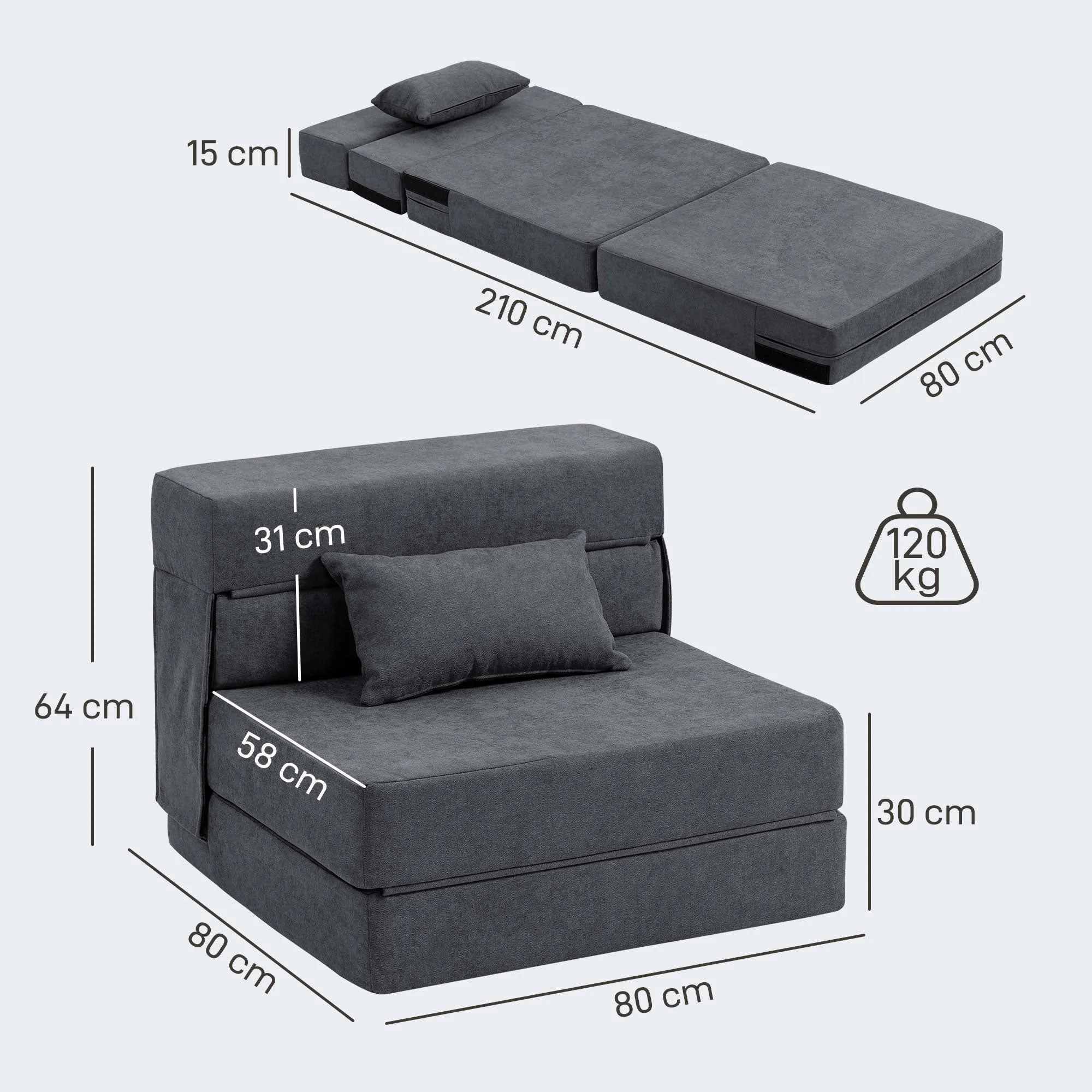 Folding Sofa Bed Convertible to Chaise Longue with Mattress, 80x80x64 cm, Dark Grey - Image 3