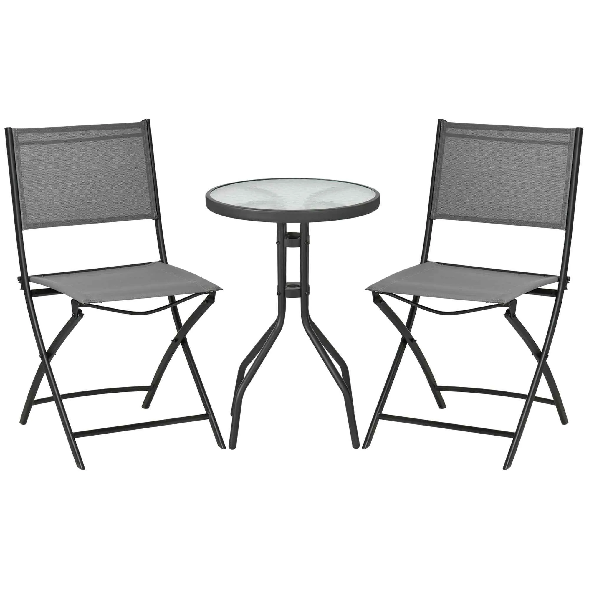 Outsunny 3-Piece Steel Patio Set with 2 Breathable Fabric Folding Chairs and Round Table