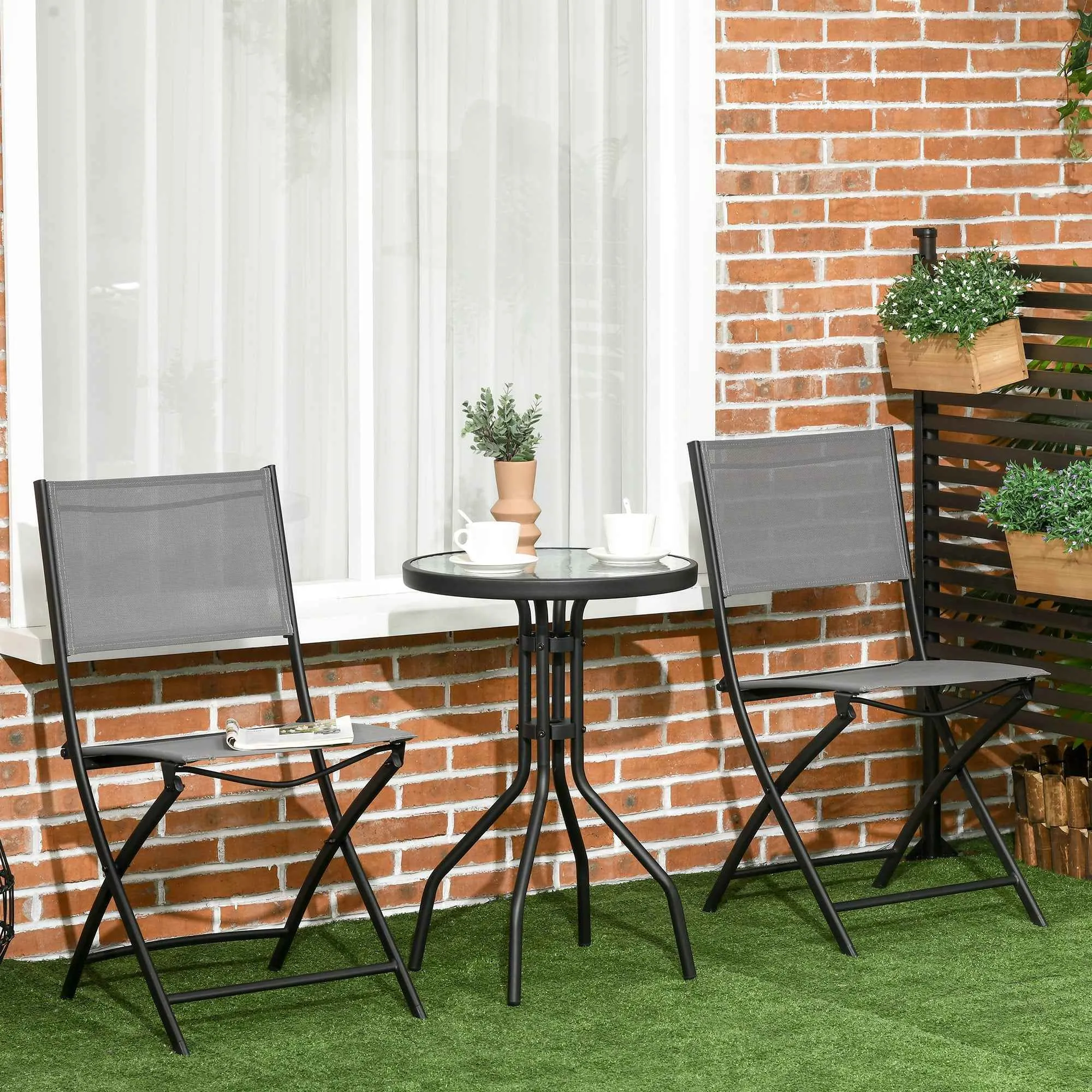 Outsunny 3-Piece Steel Patio Set with 2 Breathable Fabric Folding Chairs and Round Table - Image 2