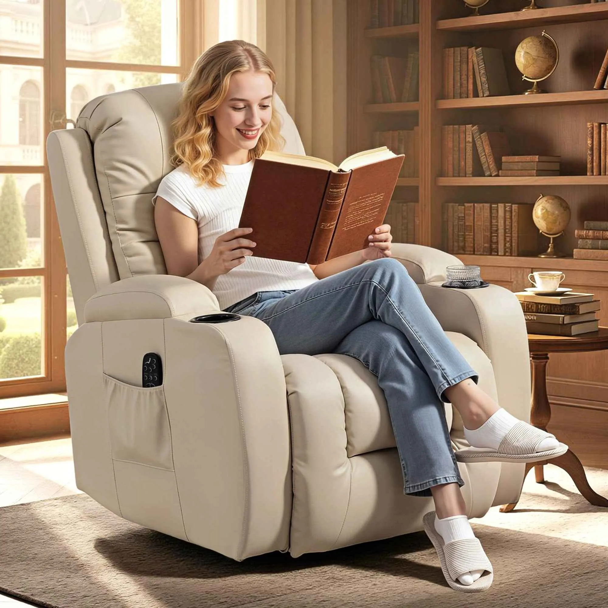 Heated Massage Recliner, 8 Massage Points and 3 Modes with Remote Control, PU Leather, Cream - Image 2