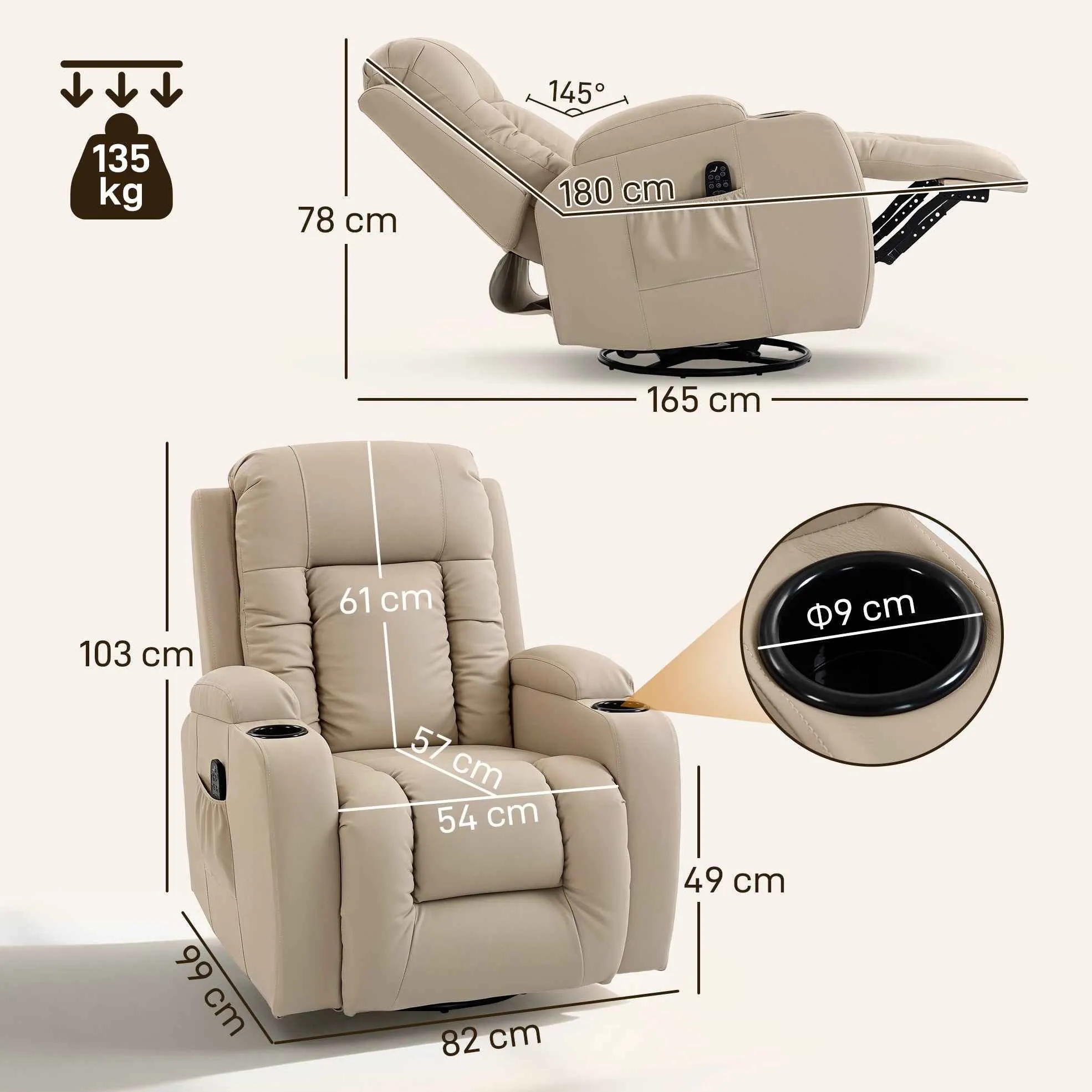 Heated Massage Recliner, 8 Massage Points and 3 Modes with Remote Control, PU Leather, Cream - Image 3