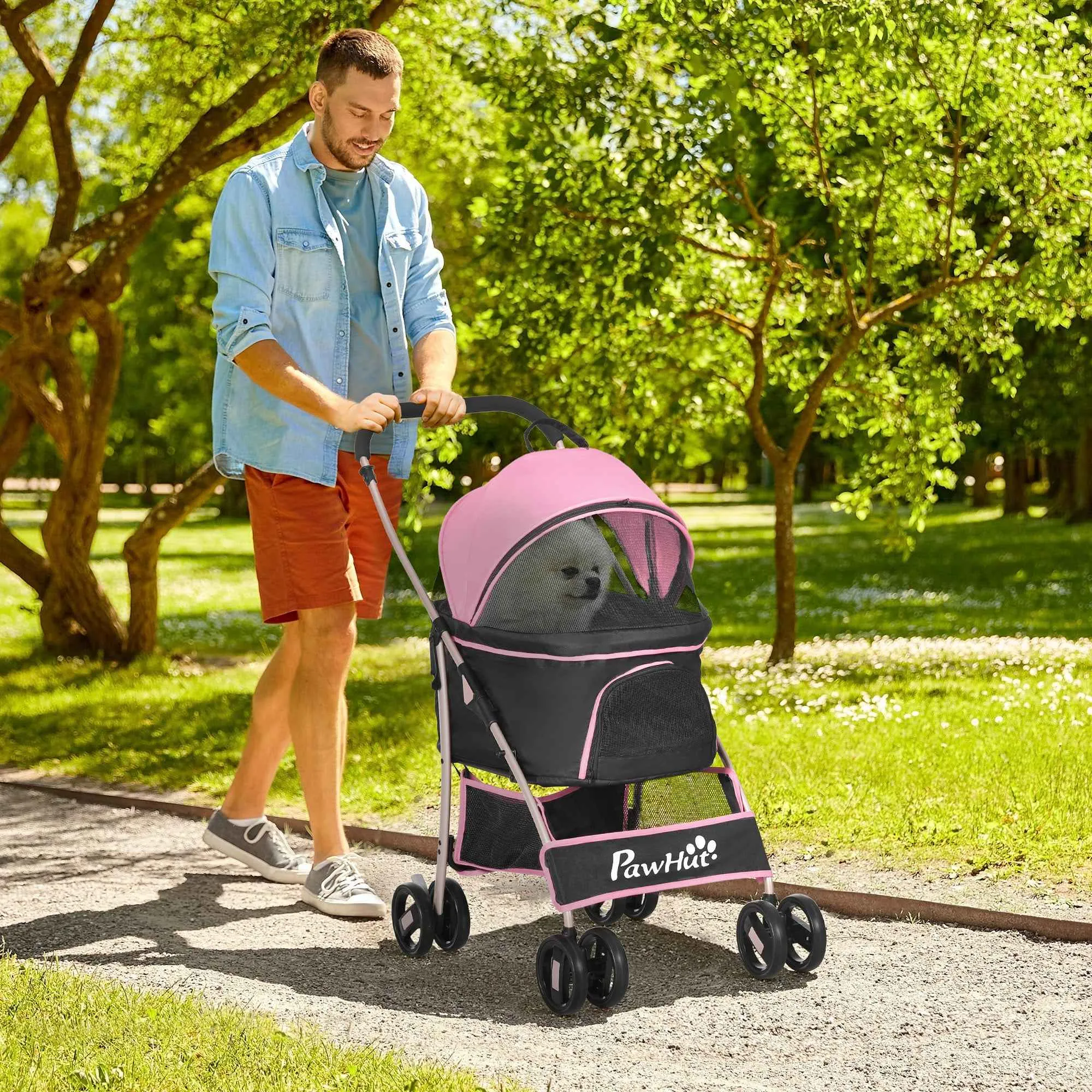 PawHut 2-in-1 Foldable Dog Stroller, Convertible to a Carrier with 2 Leashes and Cushion, Pink - Image 2