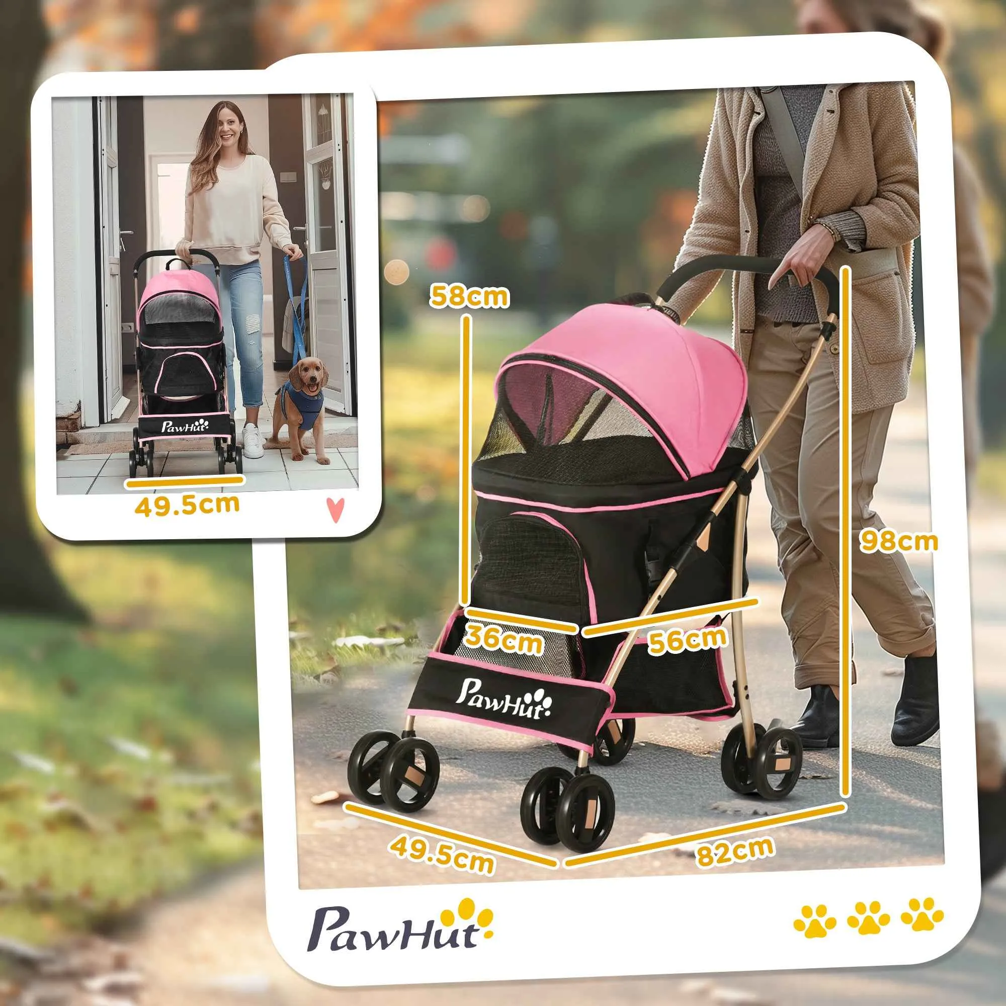 PawHut 2-in-1 Foldable Dog Stroller, Convertible to a Carrier with 2 Leashes and Cushion, Pink - Image 3