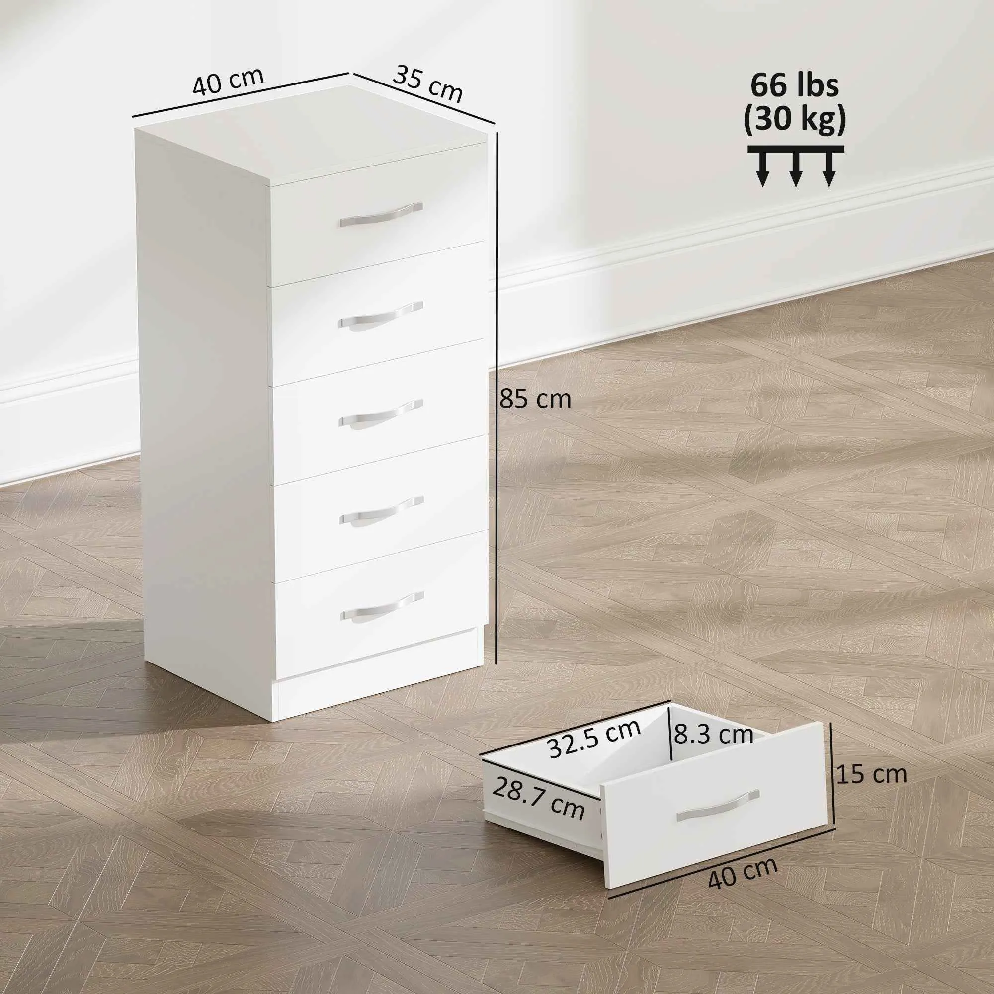 HOMCOM 5-Drawer Chest of Drawers, Modern Style, Chipboard, 40x35x85 cm, White - Image 3