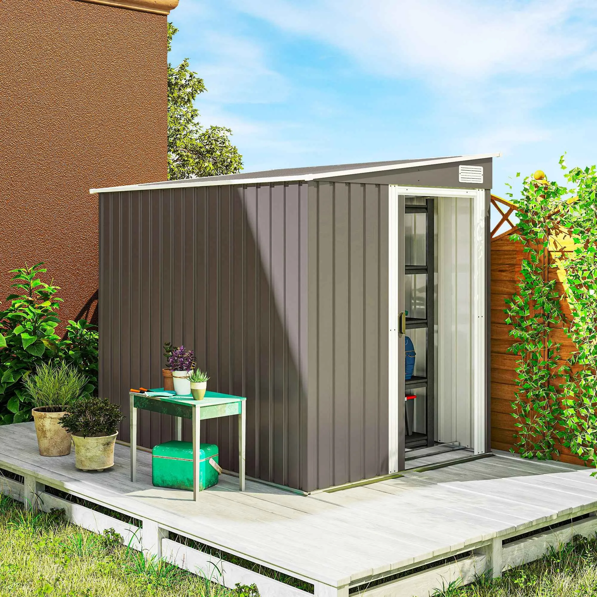 1.5x2m Metal Tool Shed with Base, Sliding Door and Sloped Roof, Light Grey - Image 2