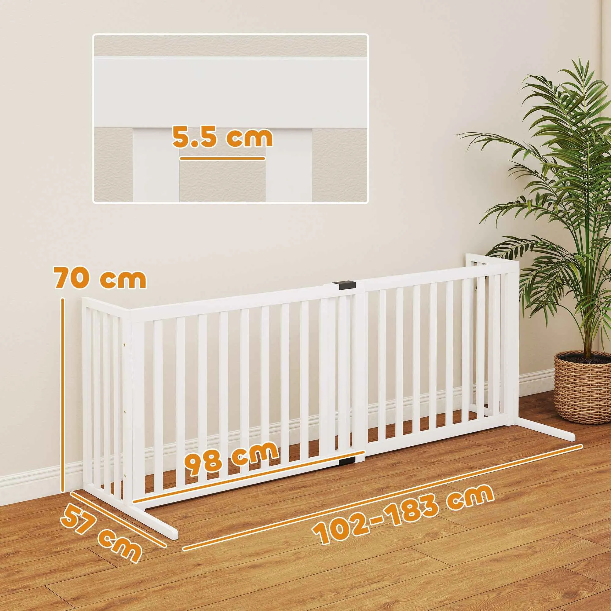 PawHut Extendable Freestanding Wooden Dog Gate for Small and Medium Dogs, 102-183x57x70 cm, White - Image 3