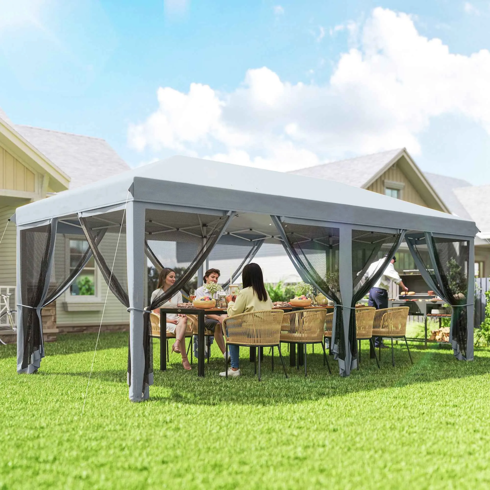 6x3m Folding Garden Gazebo with 6 Mosquito Nets and Button, Steel and Polyester, Grey - Image 2