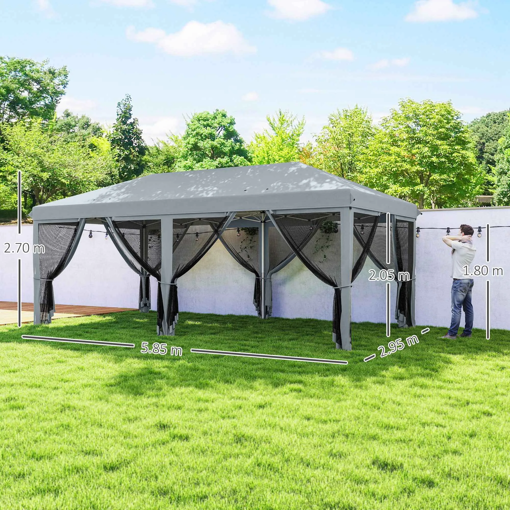 6x3m Folding Garden Gazebo with 6 Mosquito Nets and Button, Steel and Polyester, Grey - Image 3