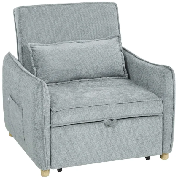 3-in-1 Reclining Sofa Bed with Cushion, Chenille Upholstery, 88x84x87 cm, Grey