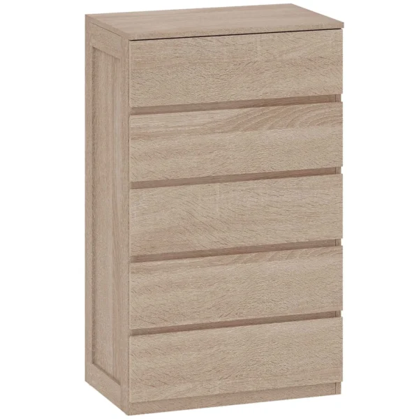 5-Drawer Wooden Chest of Drawers with Metal Rails and Grooved Handles, 60x39x100 cm, Beech Color