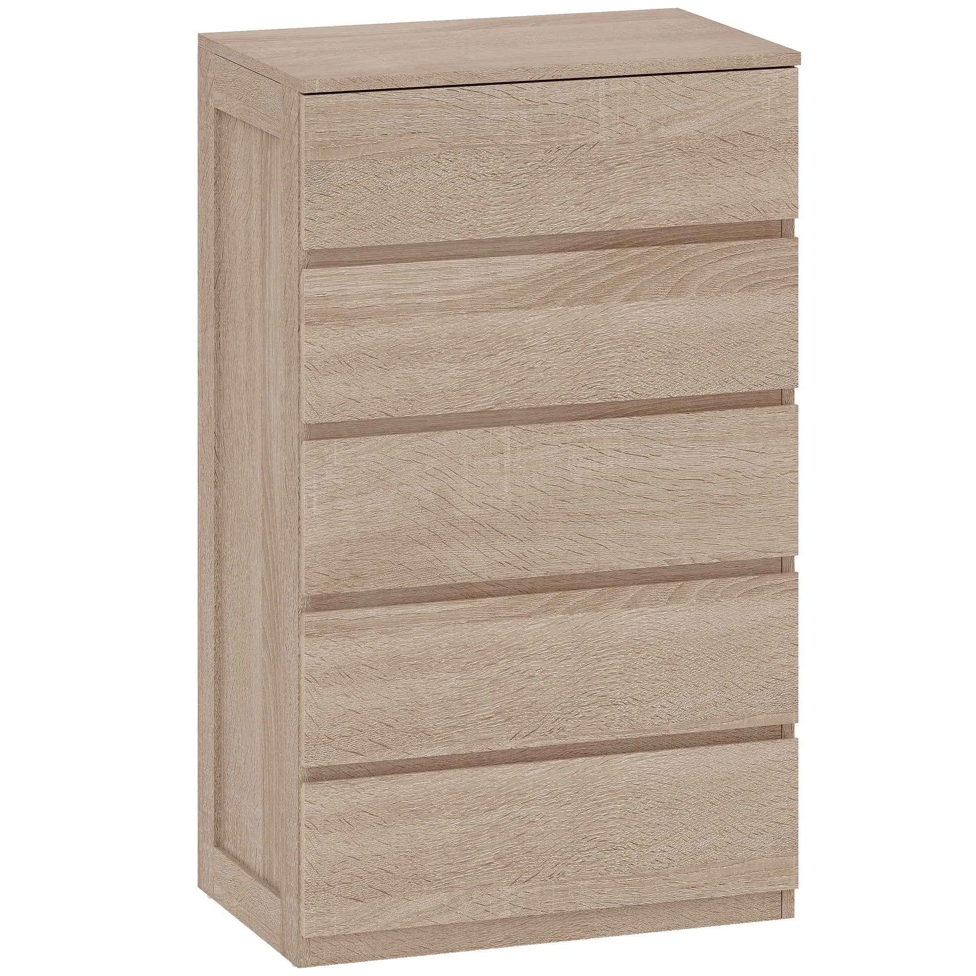 5-Drawer Wooden Chest of Drawers with Metal Rails and Grooved Handles, 60x39x100 cm, Beech Color