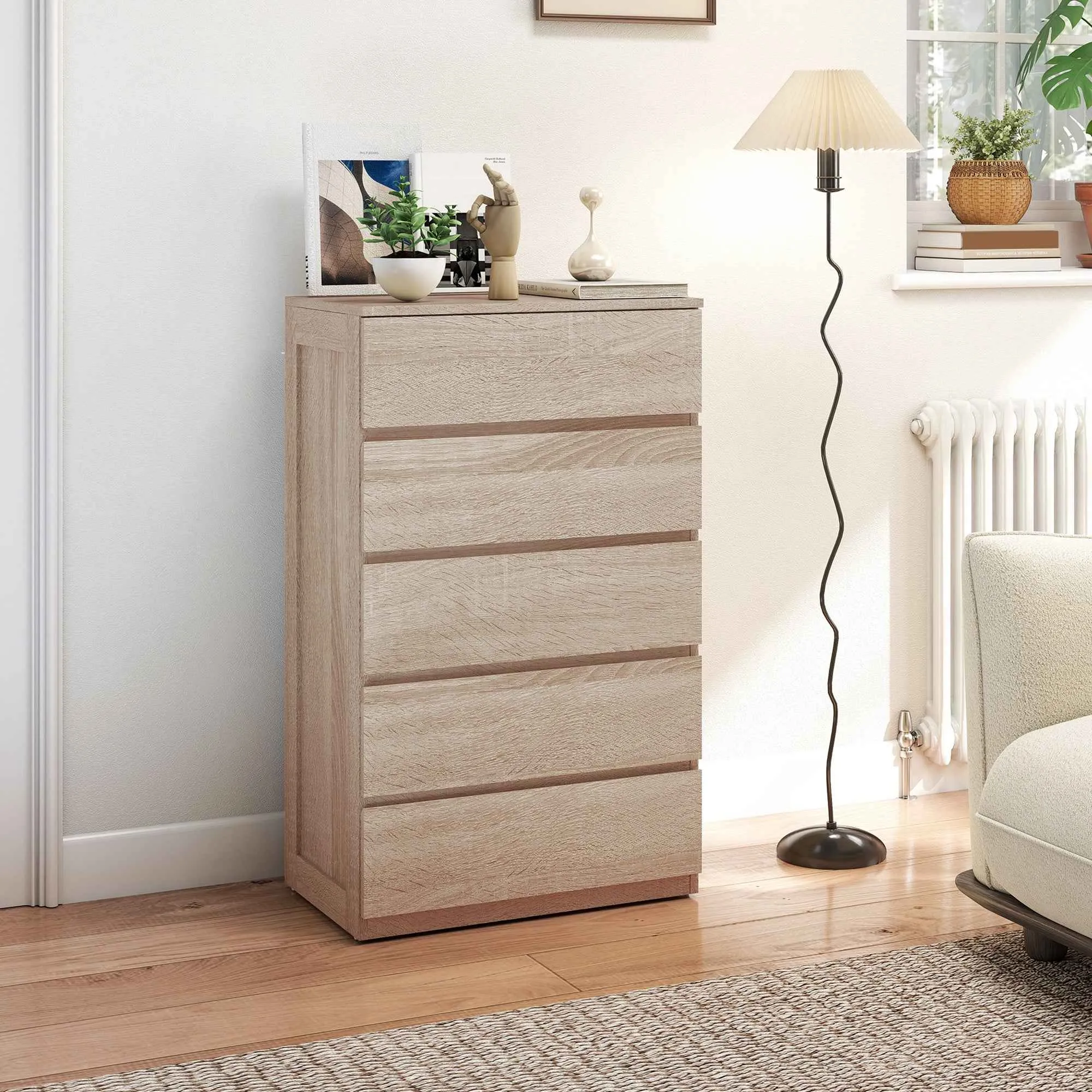 5-Drawer Wooden Chest of Drawers with Metal Rails and Grooved Handles, 60x39x100 cm, Beech Color - Image 2