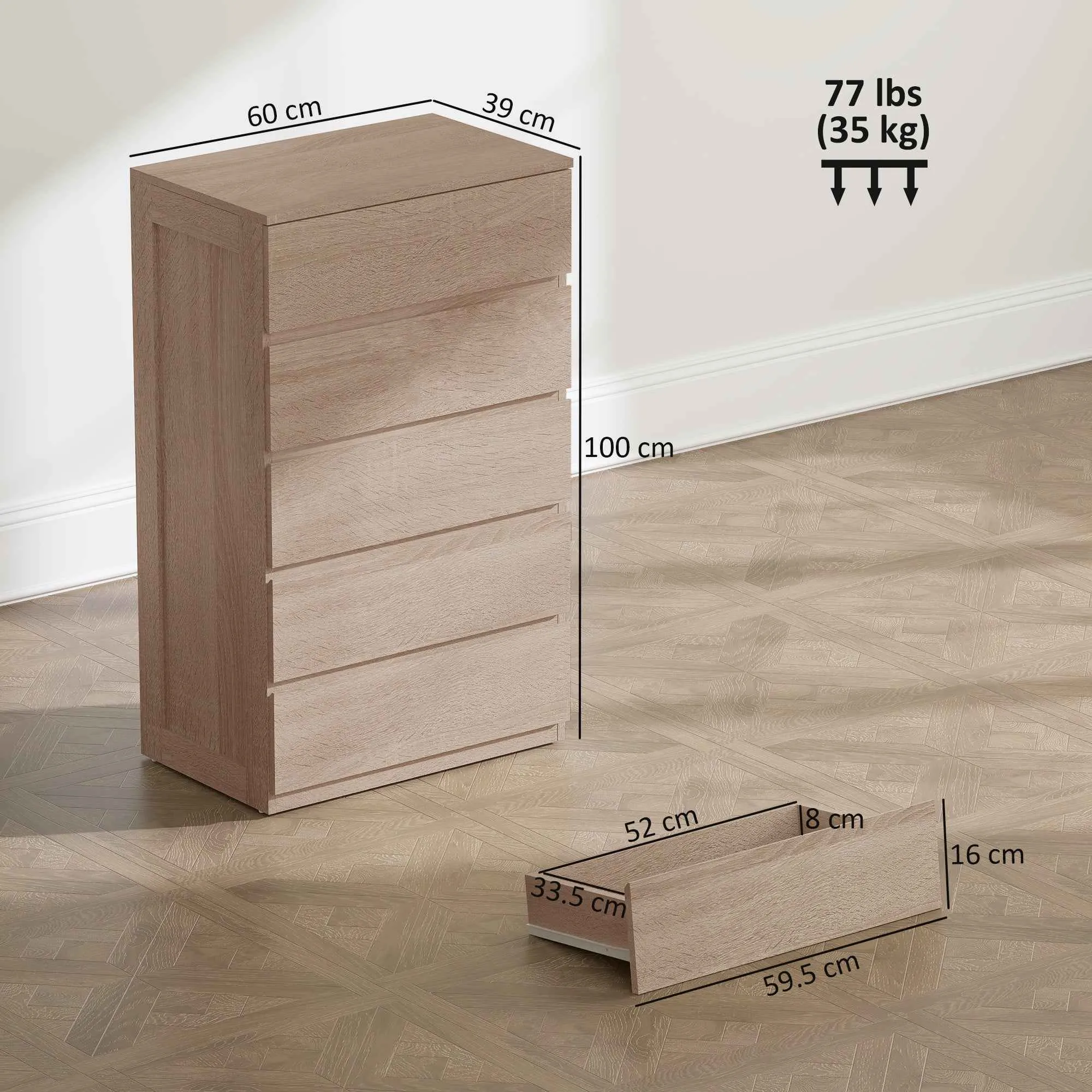 5-Drawer Wooden Chest of Drawers with Metal Rails and Grooved Handles, 60x39x100 cm, Beech Color - Image 3