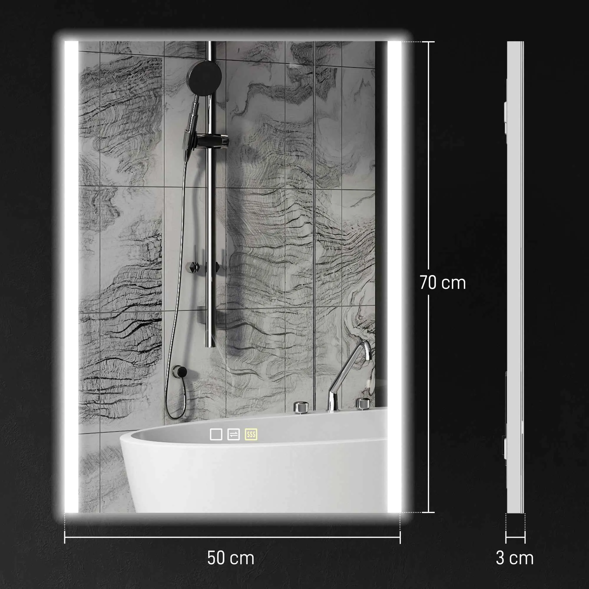 HOMCOM Bathroom Mirror with 3-Color LED Light and Memory Function, Tempered Glass, 70x50x3 cm, Silver - Image 3