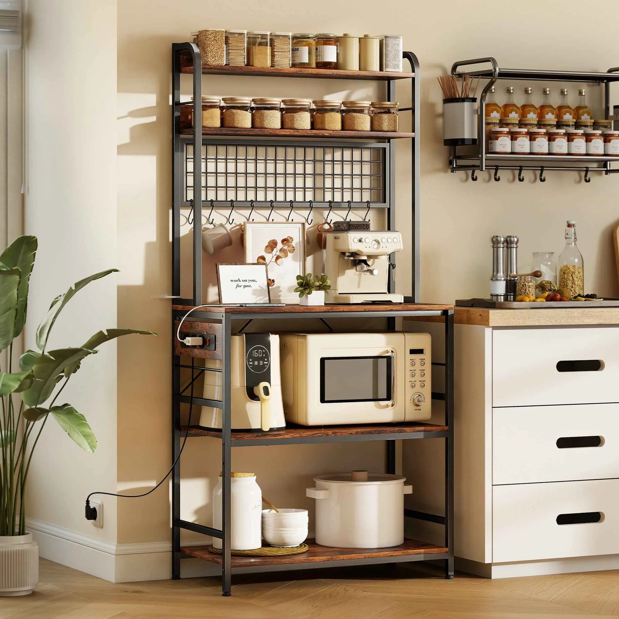 HOMCOM Kitchen Shelf with Charging Station, 5 Shelves and 10 S-Hooks, Wood and Steel, 80x40x170 cm, Brown - Image 2