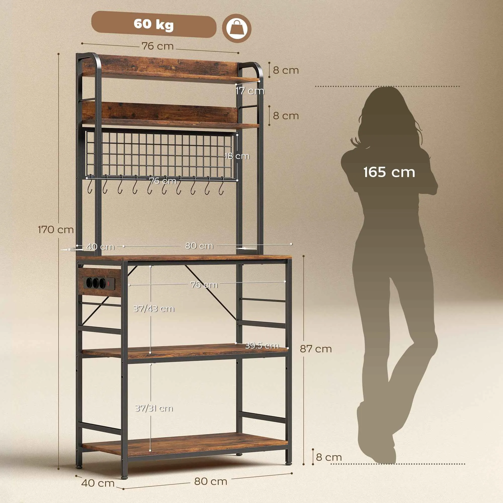 HOMCOM Kitchen Shelf with Charging Station, 5 Shelves and 10 S-Hooks, Wood and Steel, 80x40x170 cm, Brown - Image 3