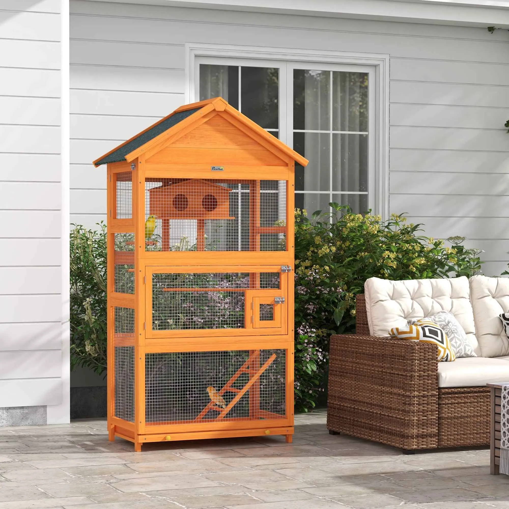 PawHut 3-Door Bird Aviary with House, Ladder and Tray, Made of Wood and Metal, 92x52x171 cm, Orange and Green - Image 2
