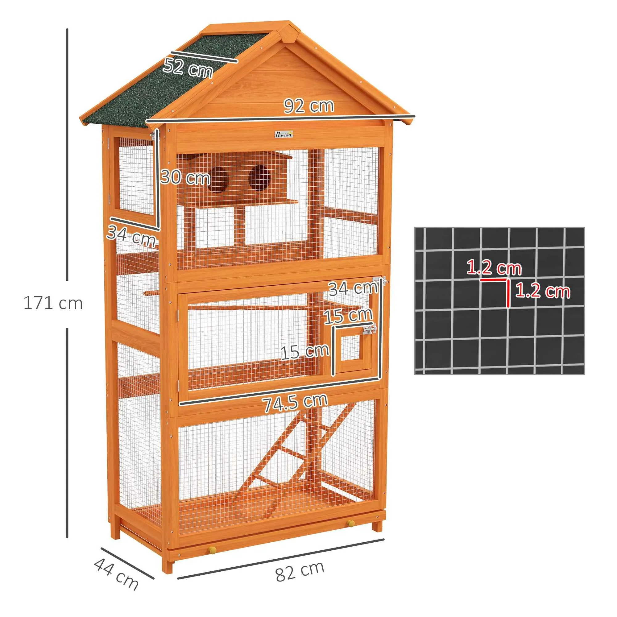 PawHut 3-Door Bird Aviary with House, Ladder and Tray, Made of Wood and Metal, 92x52x171 cm, Orange and Green - Image 3