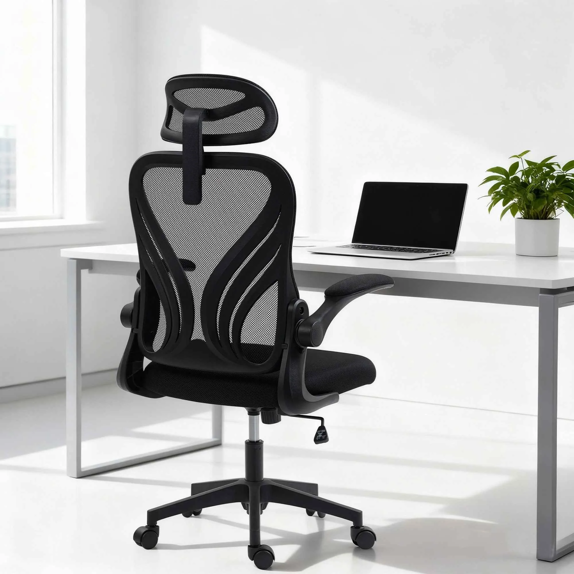 Ergonomic Office Chair with Flip-Up Armrests, Lumbar Support and Adjustable Headrest, Black - Image 2
