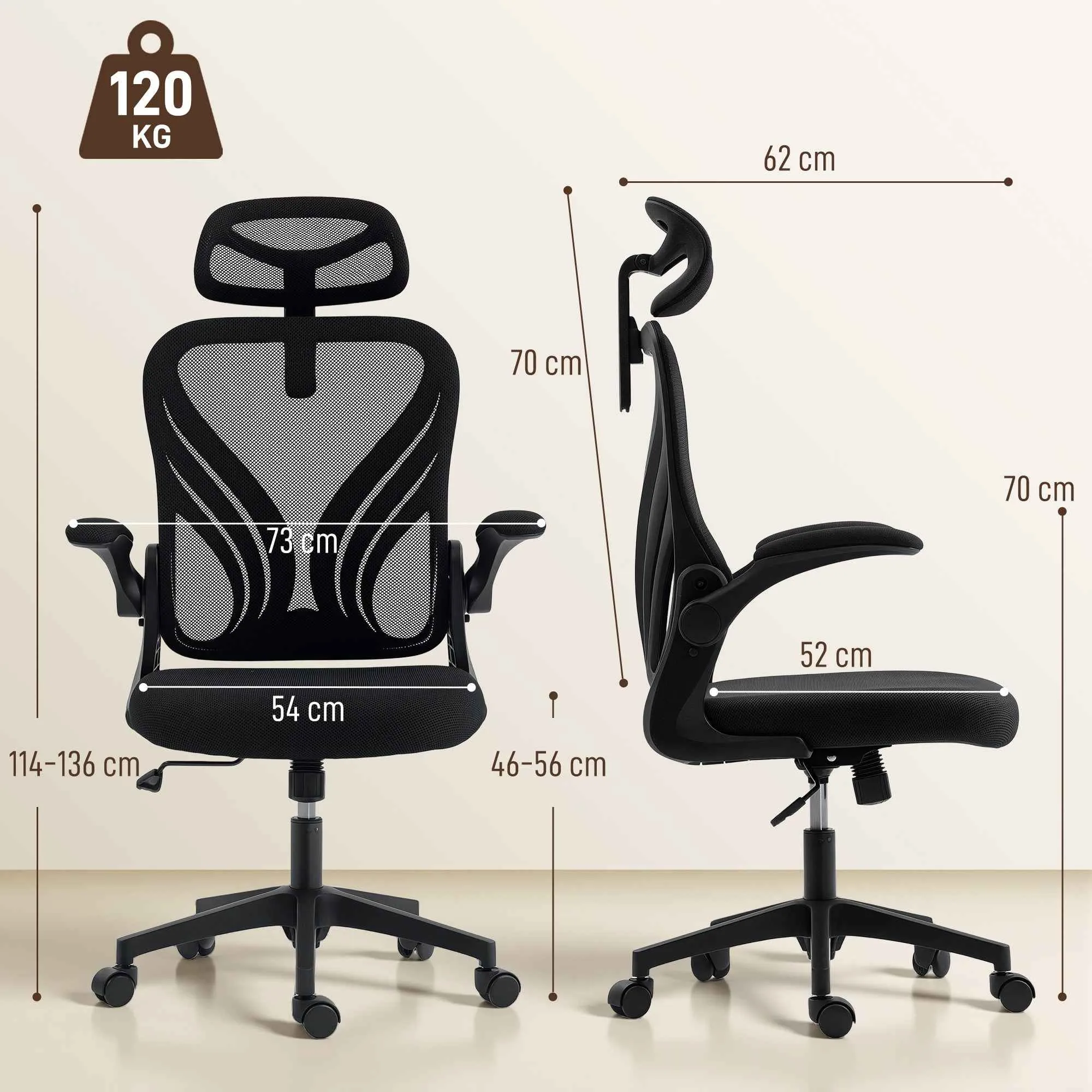 Ergonomic Office Chair with Flip-Up Armrests, Lumbar Support and Adjustable Headrest, Black - Image 3