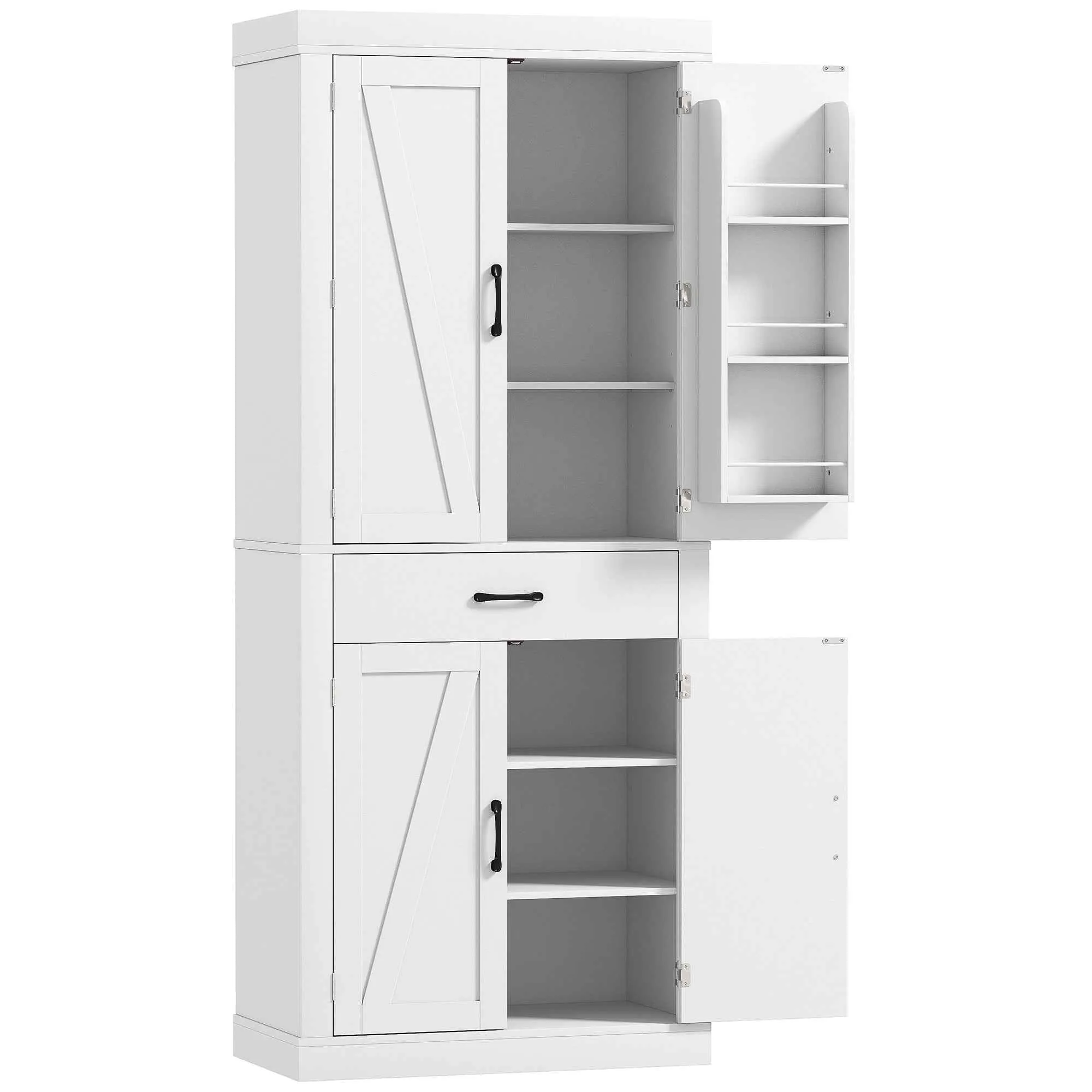 Country Style Kitchen Pantry with 2 Cabinets, 6 Shelves and Drawer, Wooden, 76x39.5x183.5 cm, White