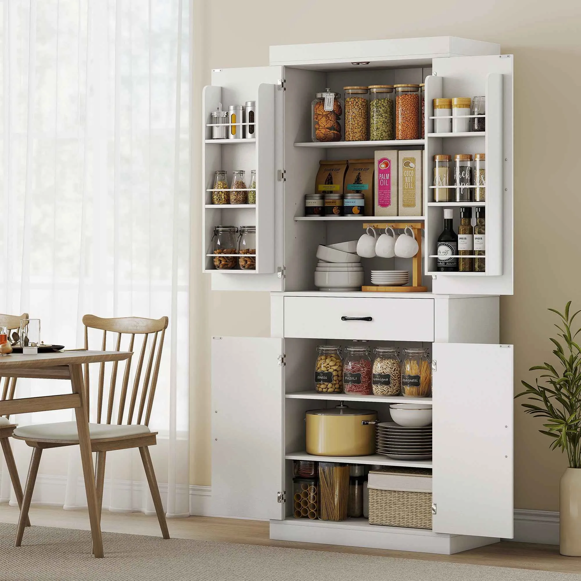 Country Style Kitchen Pantry with 2 Cabinets, 6 Shelves and Drawer, Wooden, 76x39.5x183.5 cm, White - Image 2