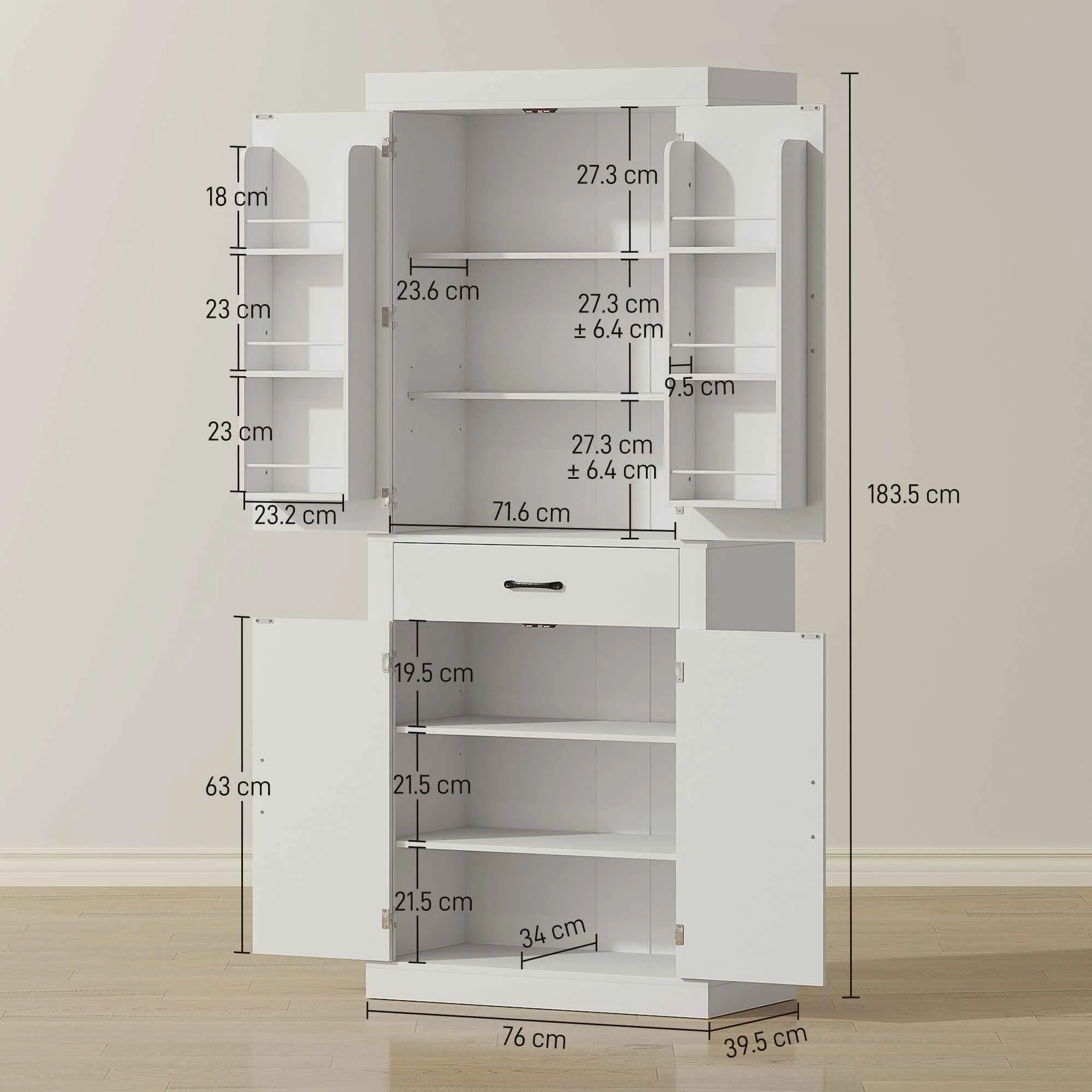 Country Style Kitchen Pantry with 2 Cabinets, 6 Shelves and Drawer, Wooden, 76x39.5x183.5 cm, White - Image 3