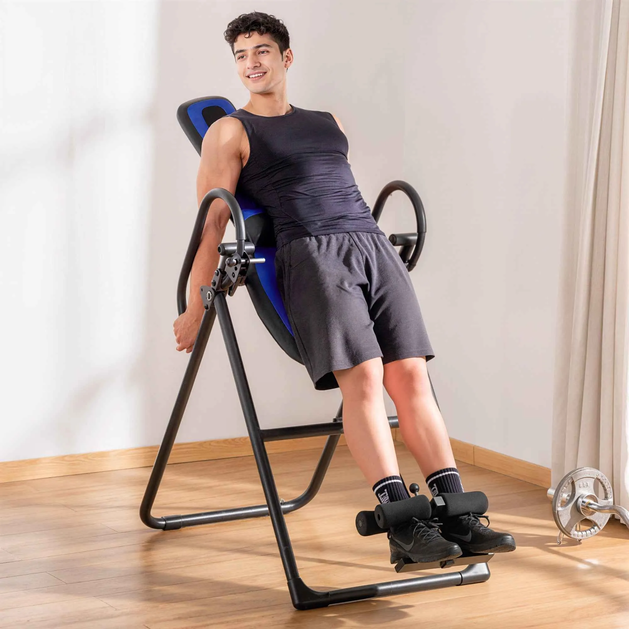 Folding Gravity Inversion Table with Adjustable Length (140-203cm) and Wheels, Black and Blue - Image 2