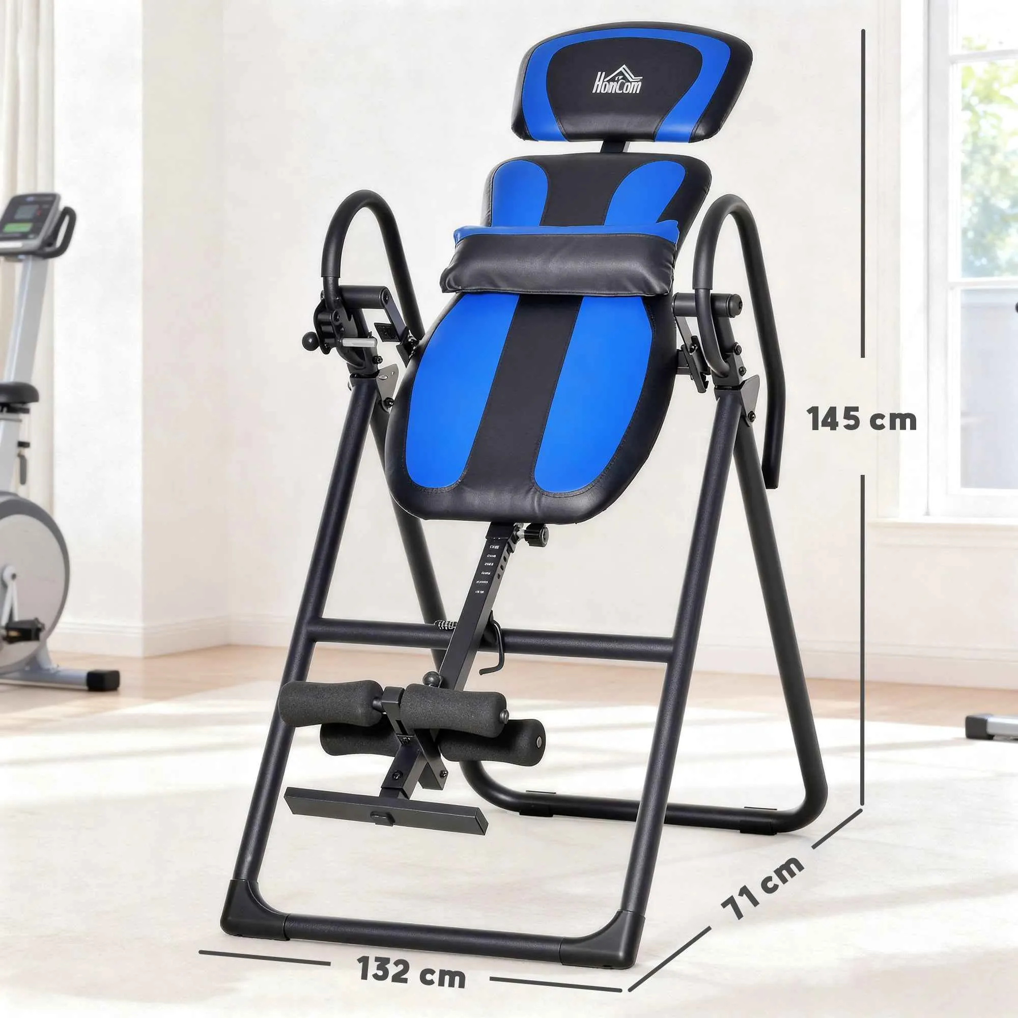 Folding Gravity Inversion Table with Adjustable Length (140-203cm) and Wheels, Black and Blue - Image 3